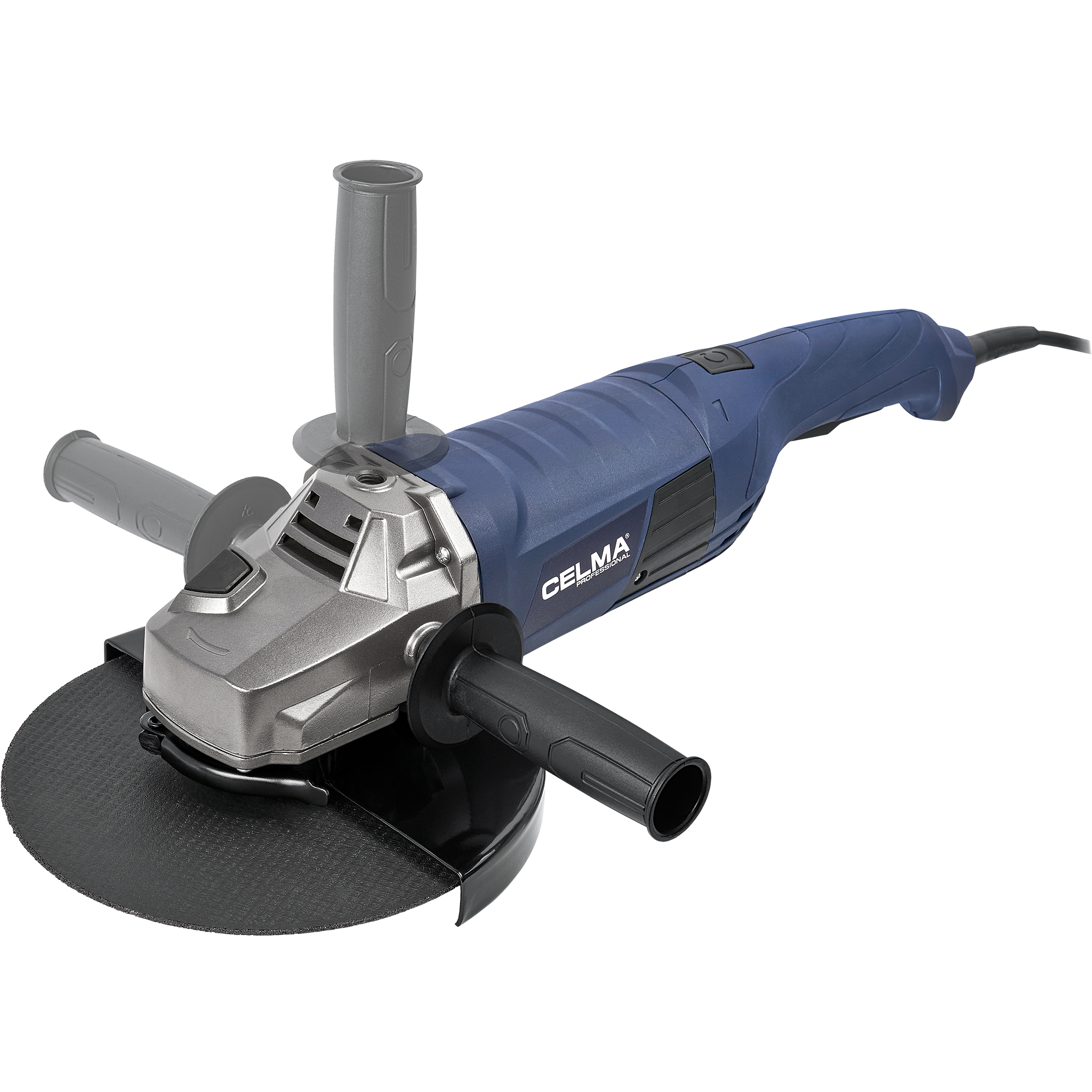 Szlifierka kątowa z niebieskim korpusem, srebrną głowicą, czarnymi uchwytami i czarną tarczą szlifierską. Widoczny jest kabel zasilający.