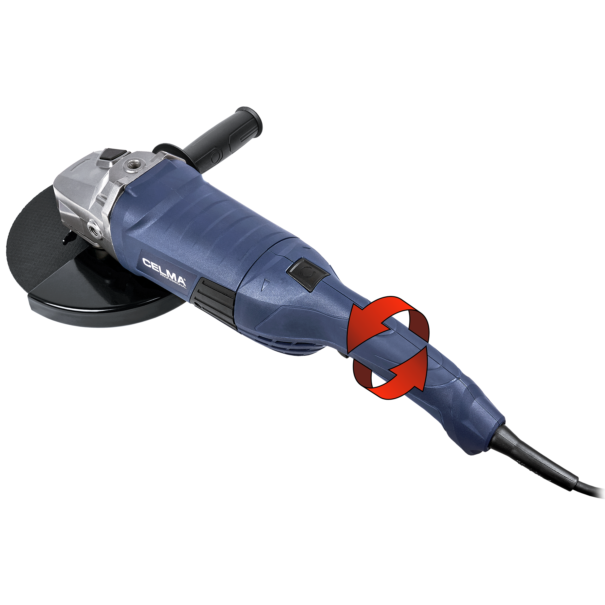 Niebiesko-srebrna szlifierka kątowa. Czerwone strzałki wskazują obrót. Czarny uchwyt i osłona tarczy. Marka CELMA.
