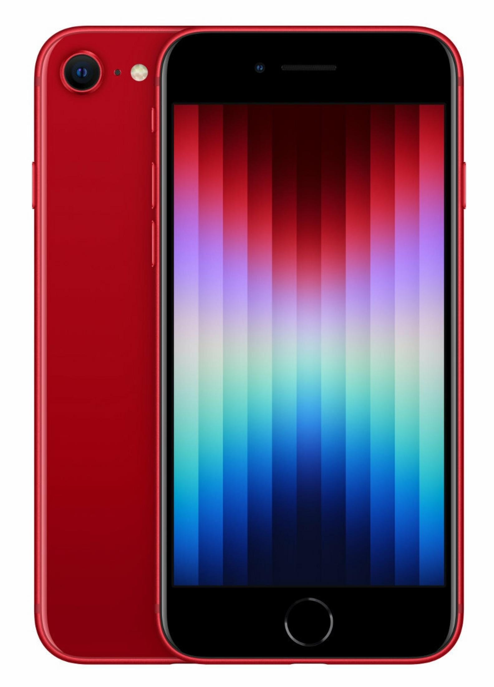Ein rotes Smartphone mit schwarzem Bildschirm. Der Bildschirm zeigt bunte vertikale Streifen. Die Rückseite hat eine Kamera.