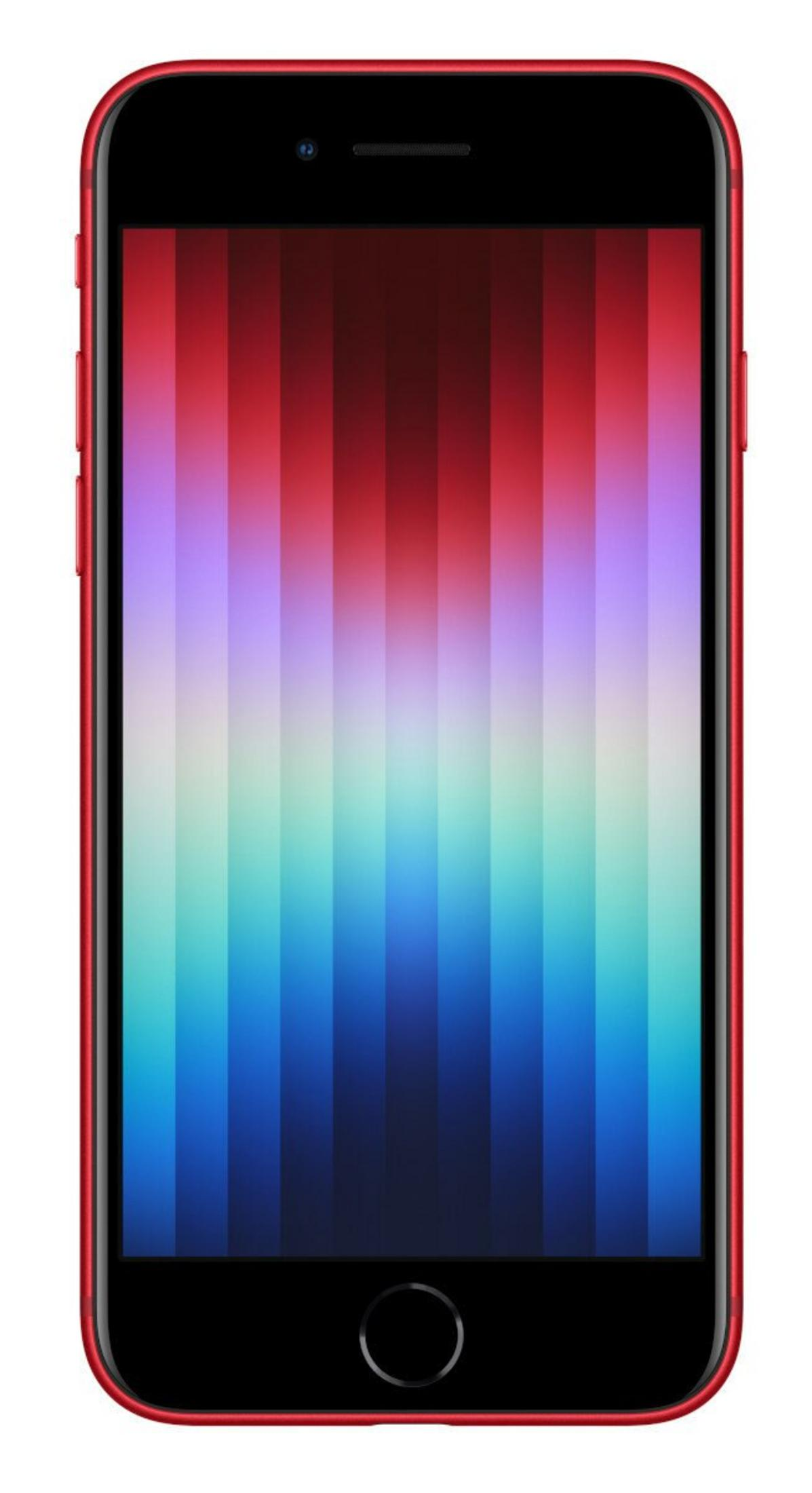 Ein rotes Smartphone mit einem Farbverlauf von Rot nach Blau. Das Telefon hat einen schwarzen Bildschirm und einen roten Rahmen.