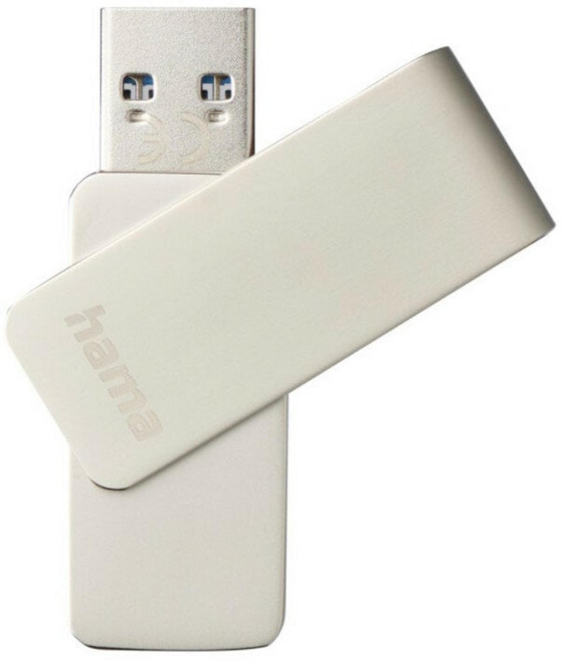 Biała pamięć USB z nadrukowaną marką 'hama'. Złącze USB jest srebrne.
