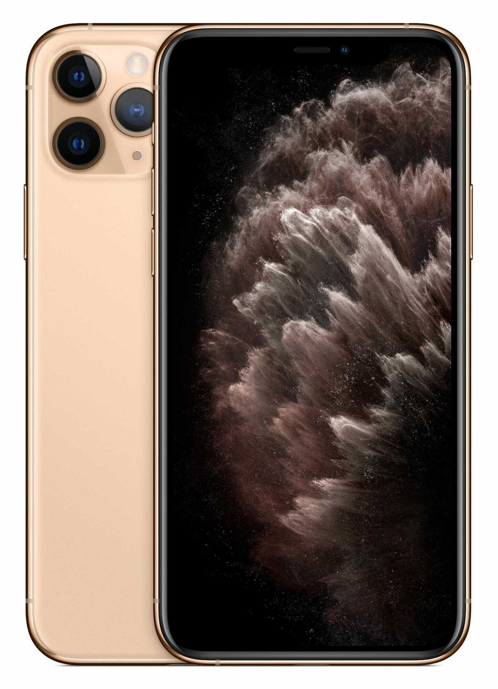 Złoty iPhone 11 Pro z trzema tylnymi aparatami i czarnym ekranem z dymnym, abstrakcyjnym wzorem.