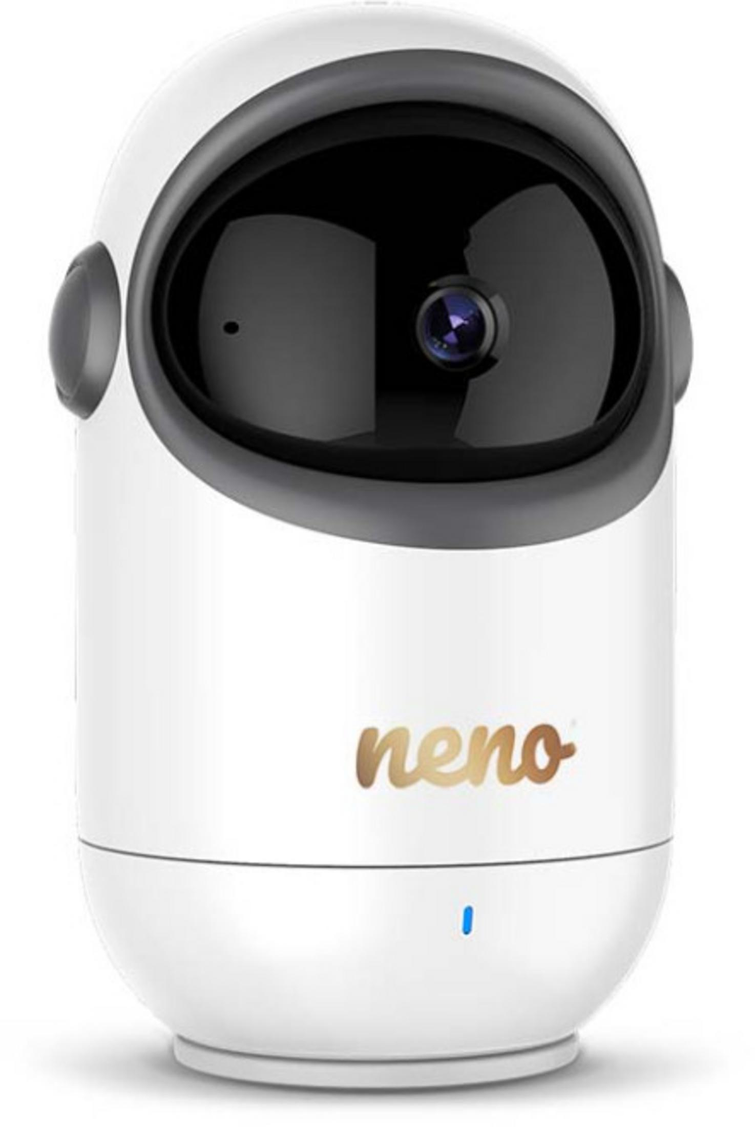 Biała, zaokrąglona kamera bezpieczeństwa z czarnym panelem przednim. Ma złoty napis 'neno' i niebieskie światło na dole.