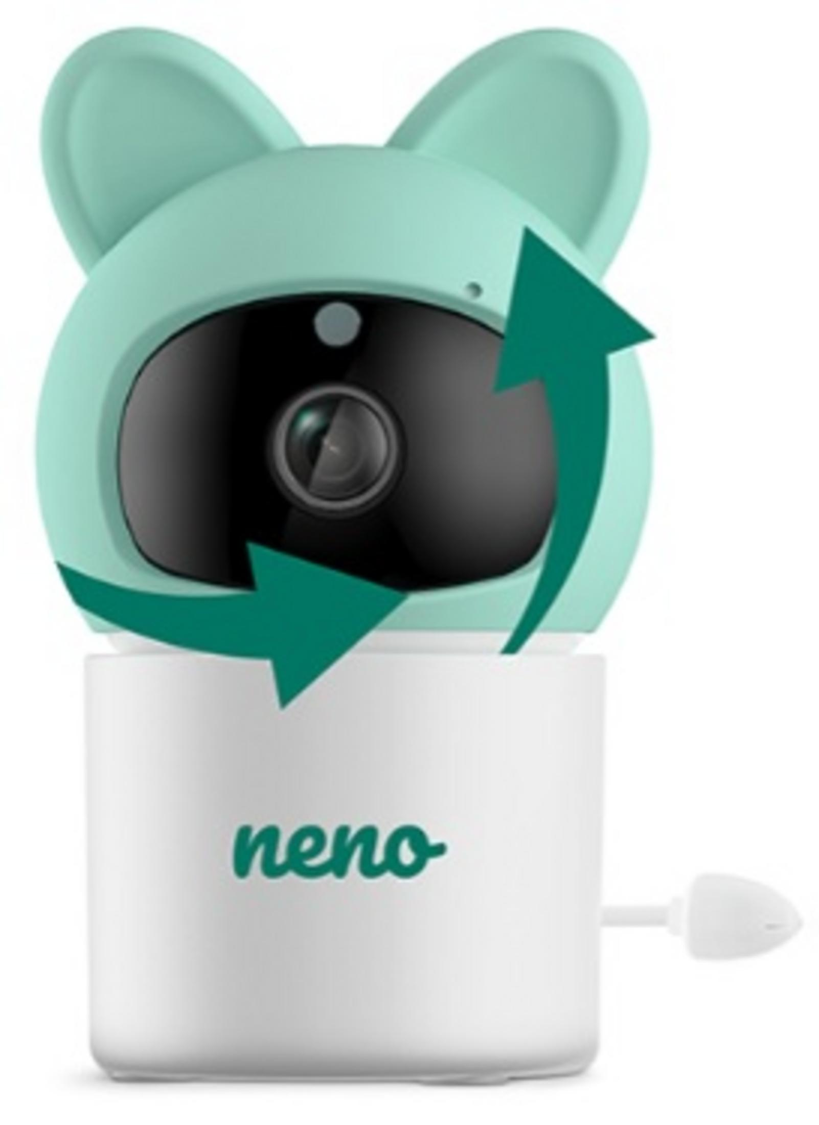Ein Babyphone mit einer kamera in Form von teal Hasenohren. Grüne Pfeile zeigen die Drehung der Kamera.