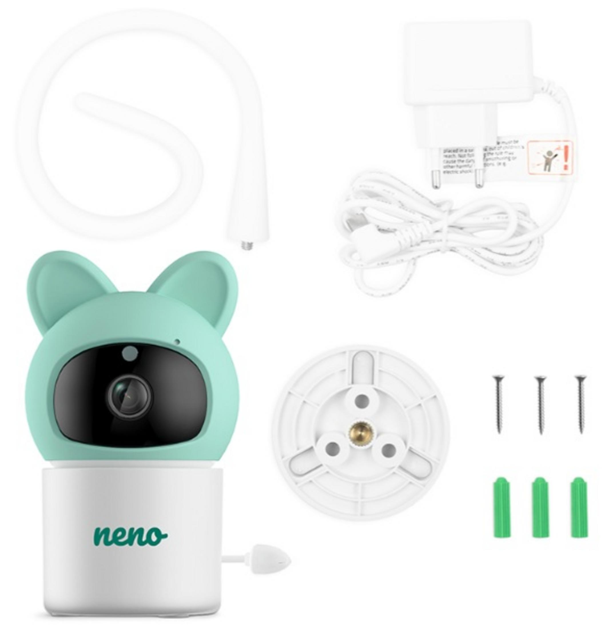 Ein Babyphone-Set. Enthält eine Kamera, Halterung, Netzteil, Schrauben und Wanddübel. Die Kamera ist türkis und weiß.