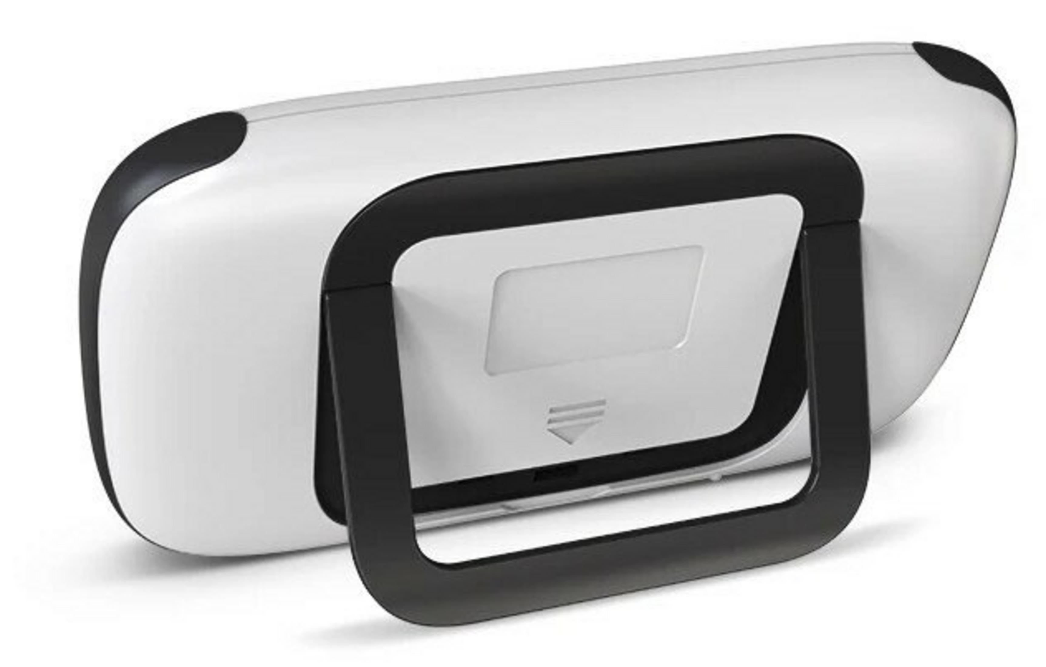 Se muestra un dispositivo blanco y negro con un soporte. El dispositivo tiene una pantalla y un marco negro.