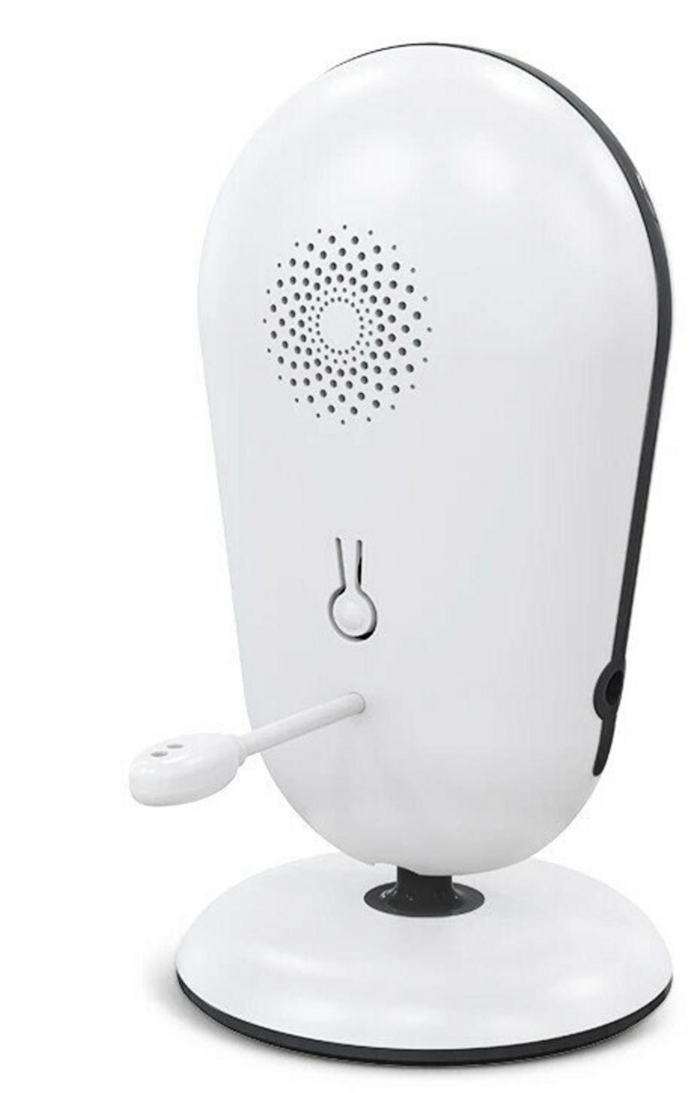 Un monitor para bebés blanco con parte superior redondeada, altavoz y brazo pequeño con punta redondeada.