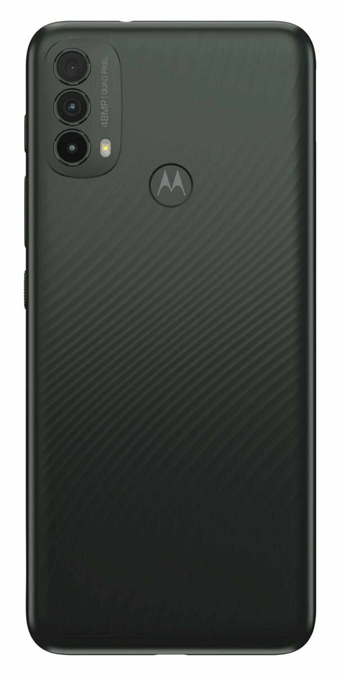 Rückseite eines dunkelgrünen Smartphones mit Dreifachkamera, Motorola-Logo und strukturierter Oberfläche.