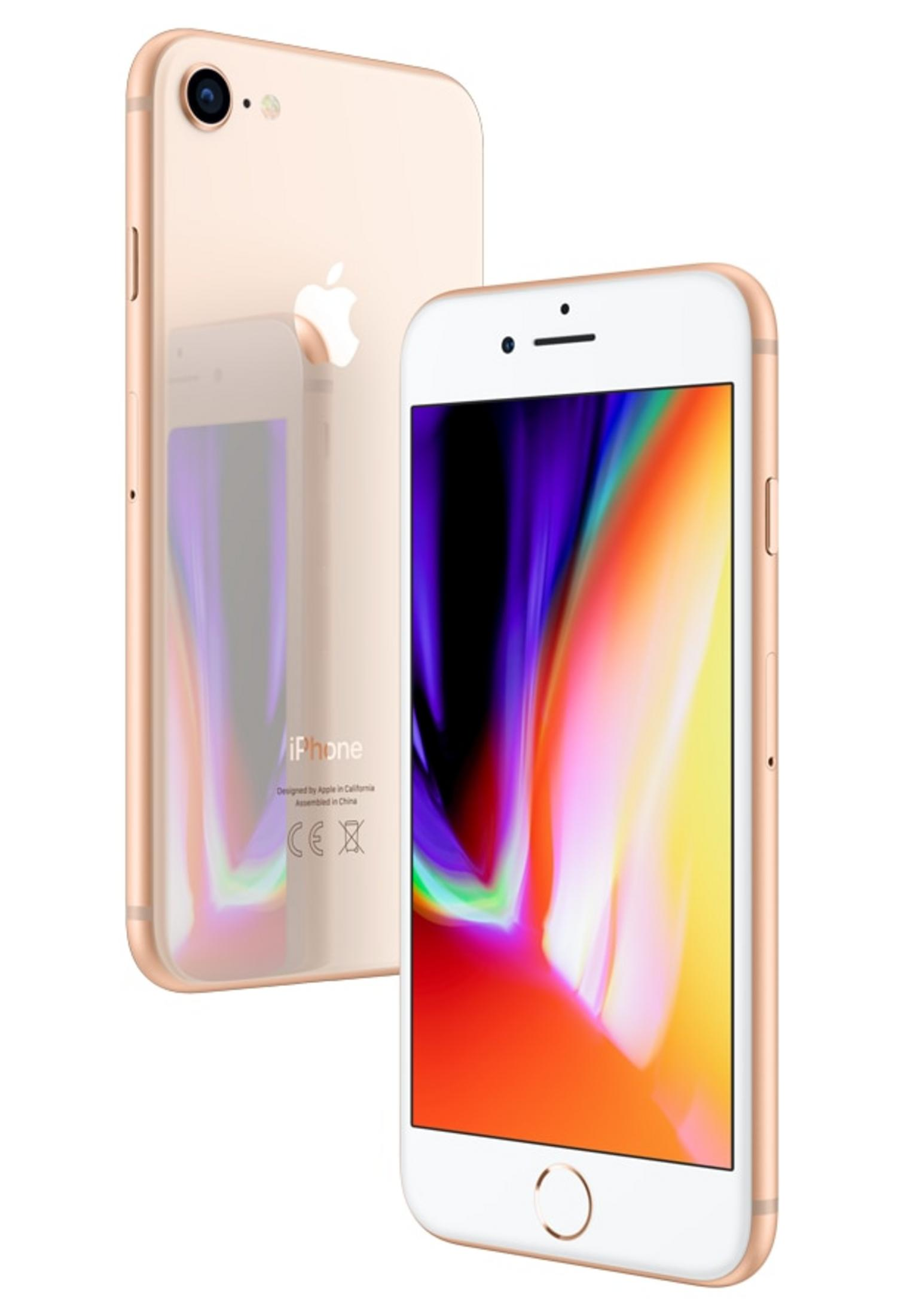 Dwa złote iPhone'y. Jeden pokazuje kolorowy ekran, drugi ma logo Apple. Oba telefony są na białym tle.