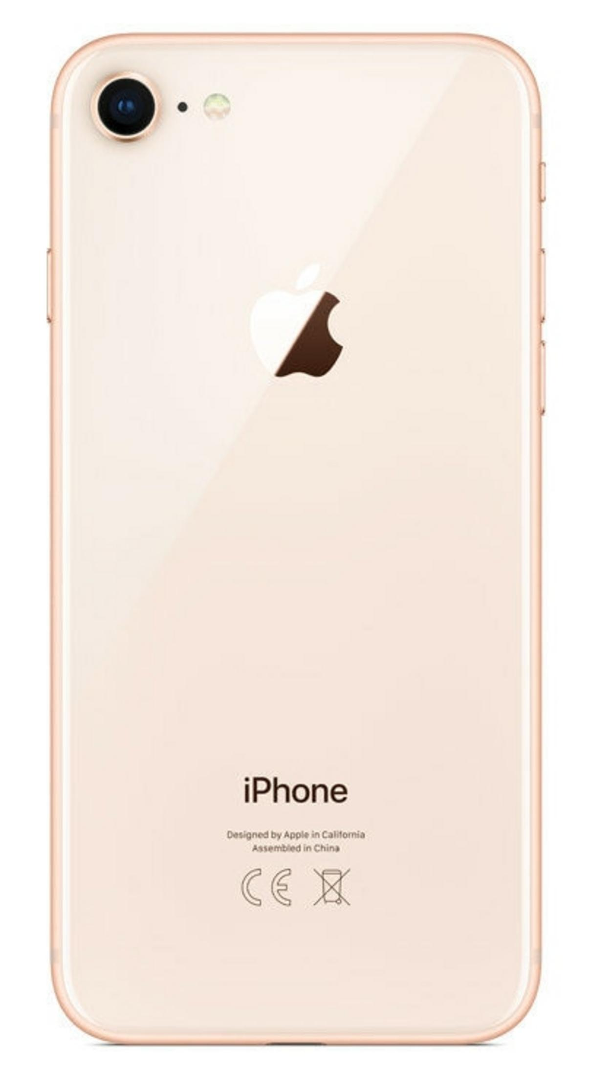Tył złotego iPhone'a. Widoczny aparat, logo Apple i tekst iPhone. Telefon jest w kolorze bladego złota i ma błyszczące wykończenie.