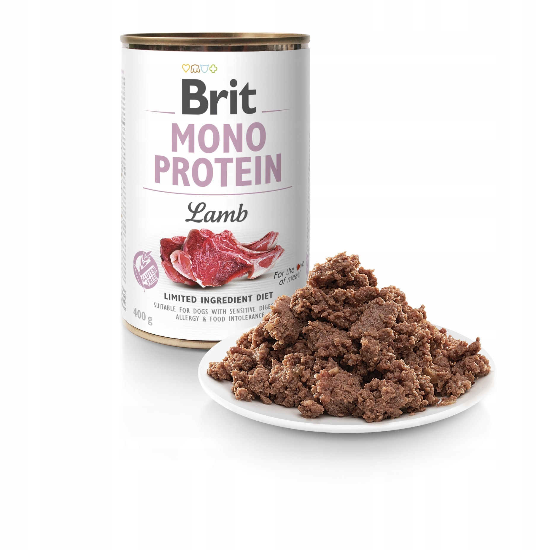 Una lata de comida para perros Brit Mono Protein Lamb junto a un plato de comida para perros marrón. La lata es blanca con texto rosa.