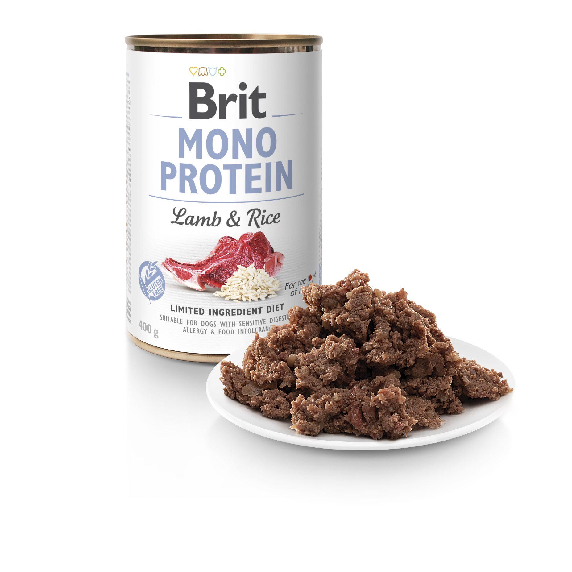 Puszka karmy dla psów z napisem 'Brit Mono Protein Lamb & Rice'. Talerz mięsa znajduje się przed puszką.