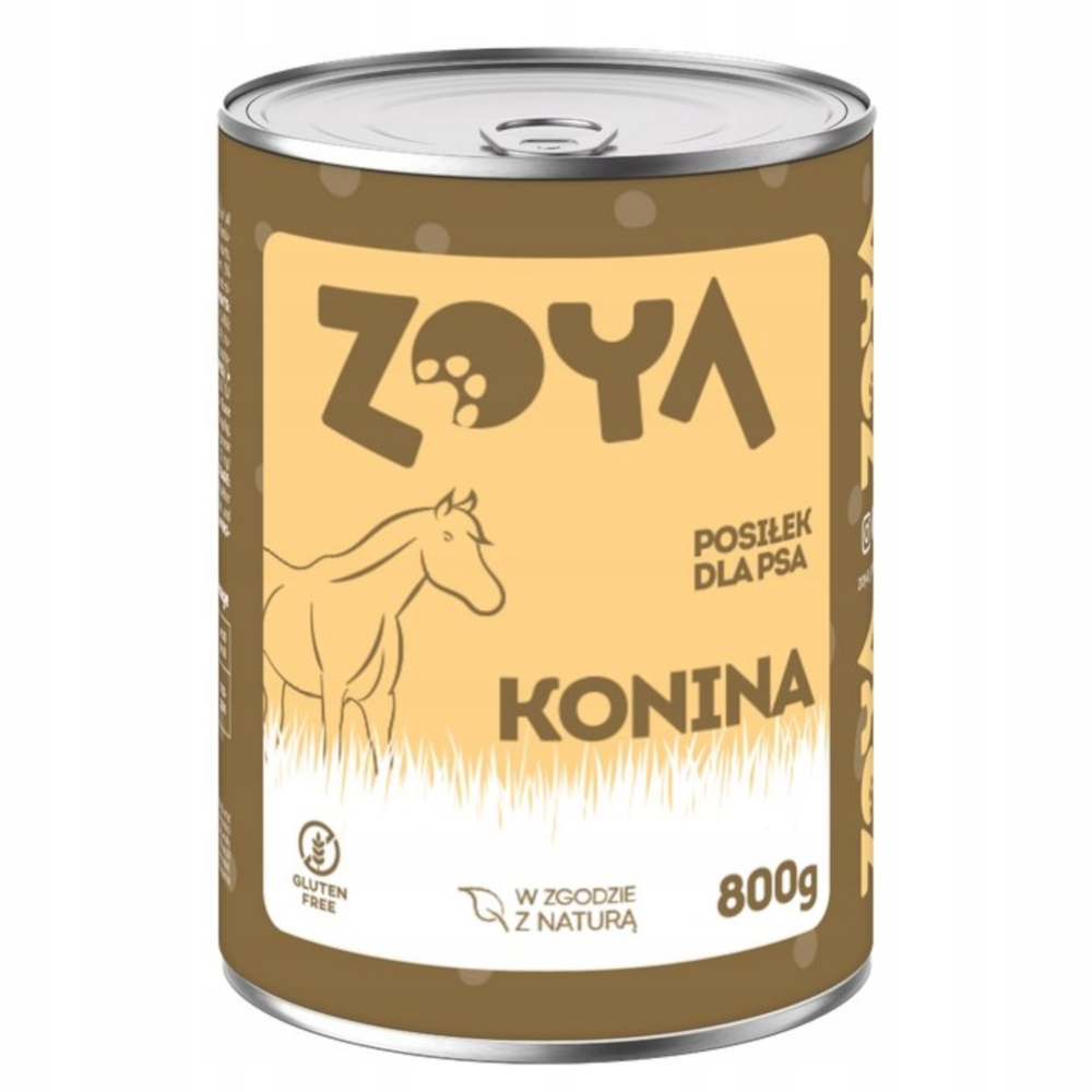 Puszka karmy dla psów marki "Zoya". Zawiera ilustrację konia, słowo "Konina" i napis "800g".
