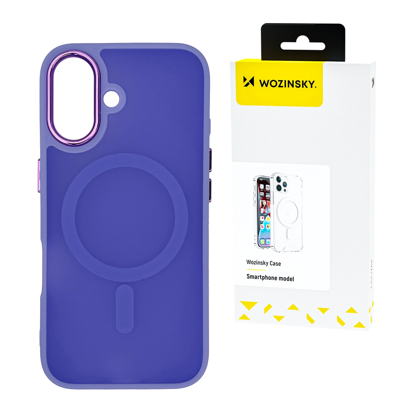 Fioletowe etui na telefon z okrągłym wzorem, obok białego pudełka z napisem 'Wozinsky' i obrazem etui na telefon.