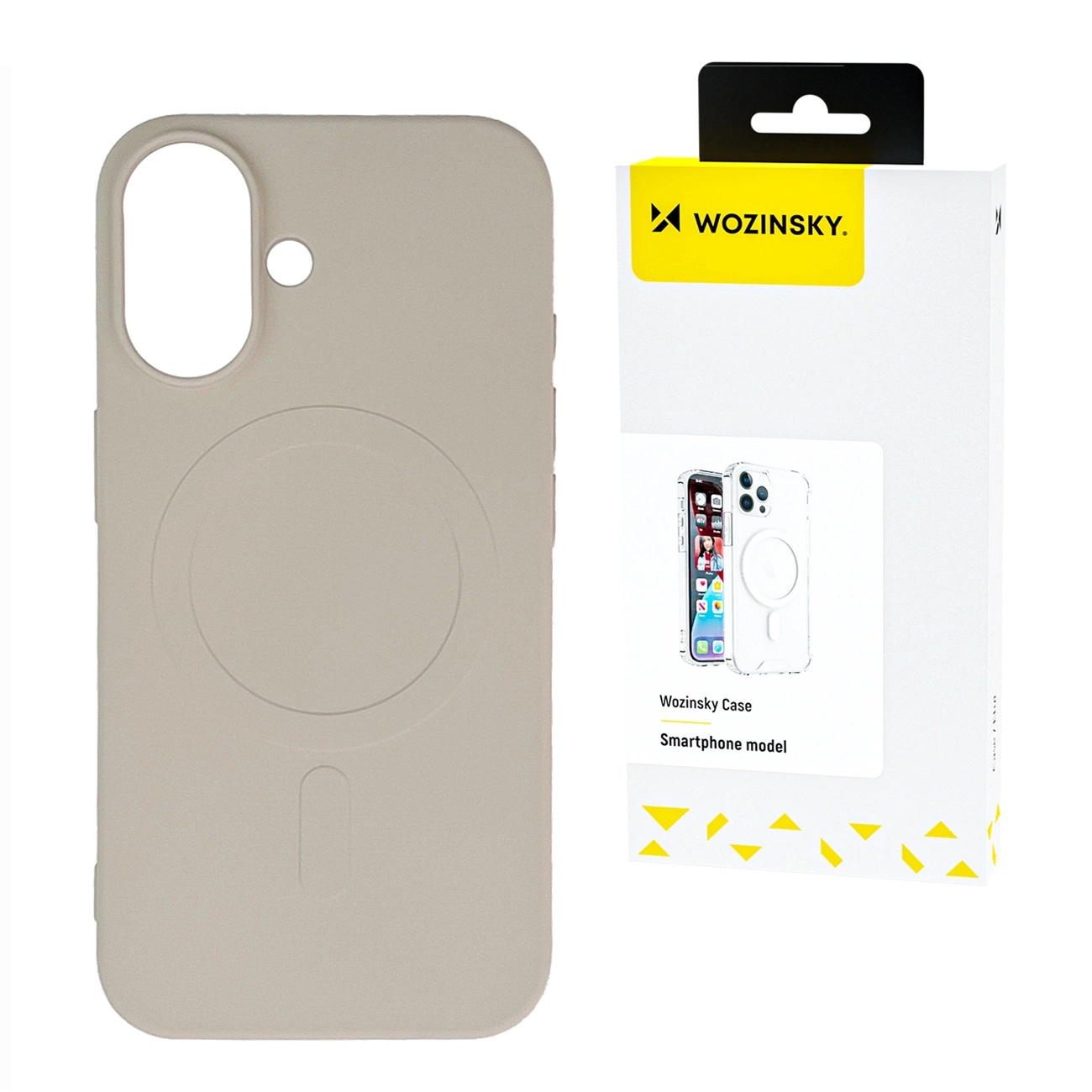 Beżowe etui na telefon obok białego pudełka z logo 'Wozinsky' i ilustracją etui. Etui ma wycięcie na aparat i okrąg ładowania.