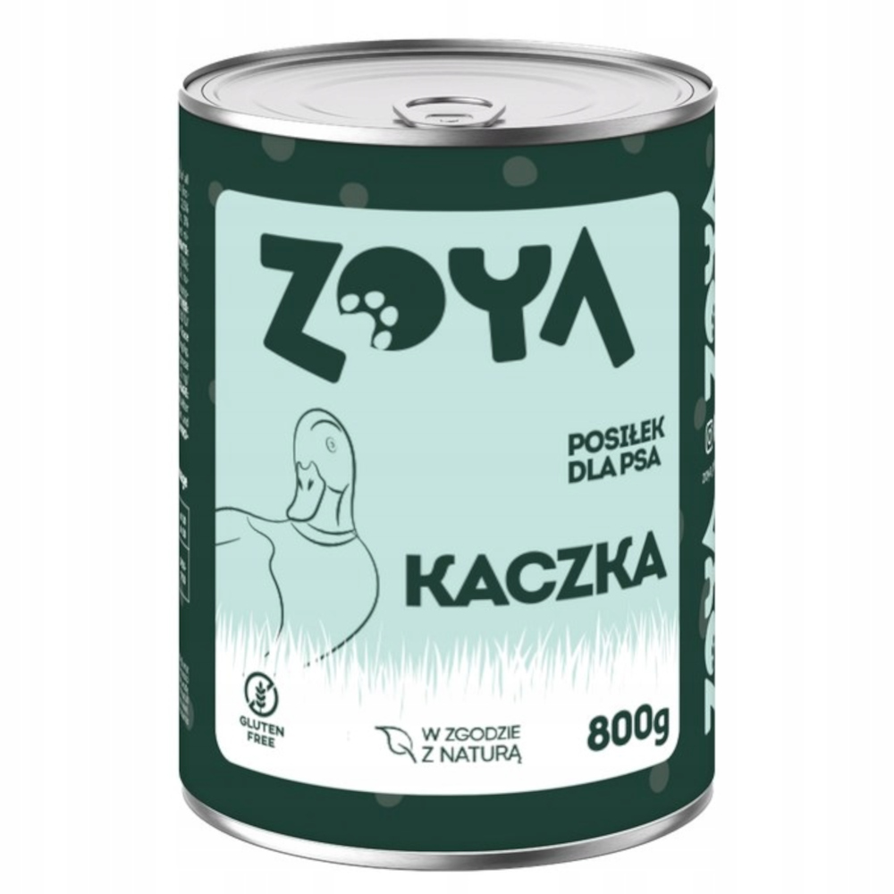 Puszka karmy dla psów marki 'Zoya'. Zawiera ilustrację kaczki i napis 'Kaczka'. Opakowanie 800g, bez glutenu.