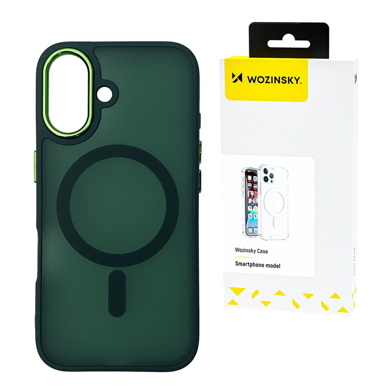 Zielone etui na telefon z czarnym okręgiem i opakowaniem z napisem 'Wozinsky' na białym tle.