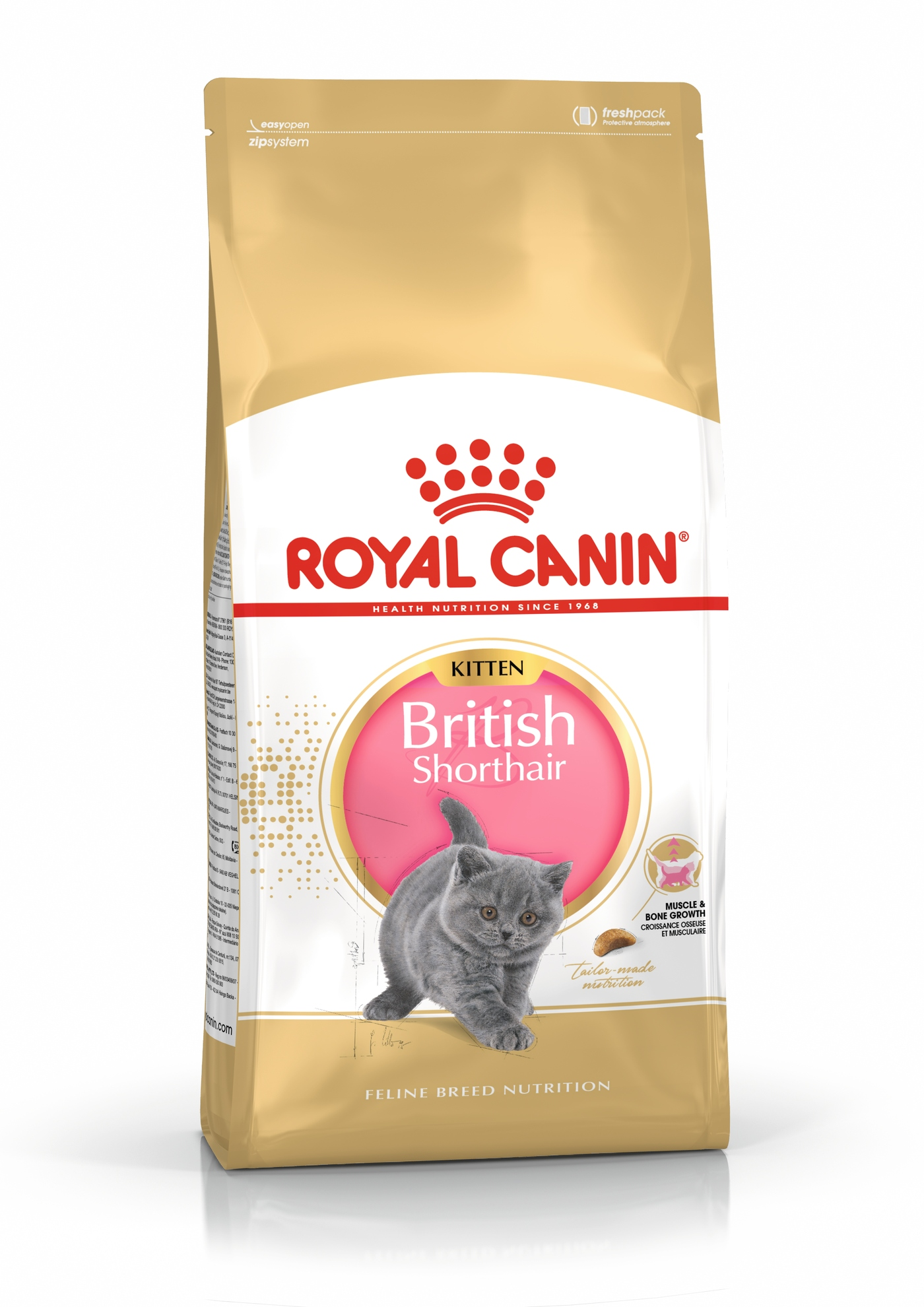 Torba z karmą dla kotów. Ma logo Royal Canin i zdjęcie szarego kociaka. Torba jest złota i biała.