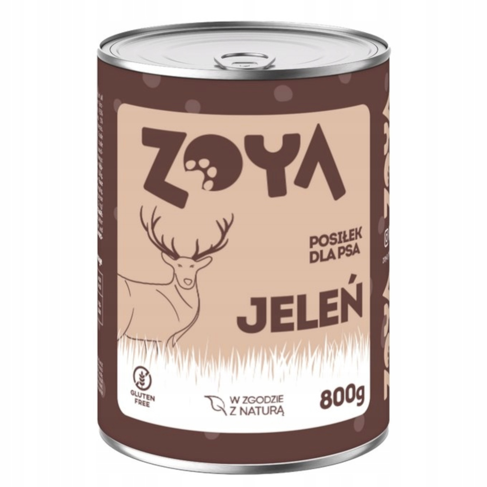 Puszka karmy dla psów marki 'Zoya'. Zawiera ilustrację jelenia i słowo 'Jelen' po polsku, a także '800g'.