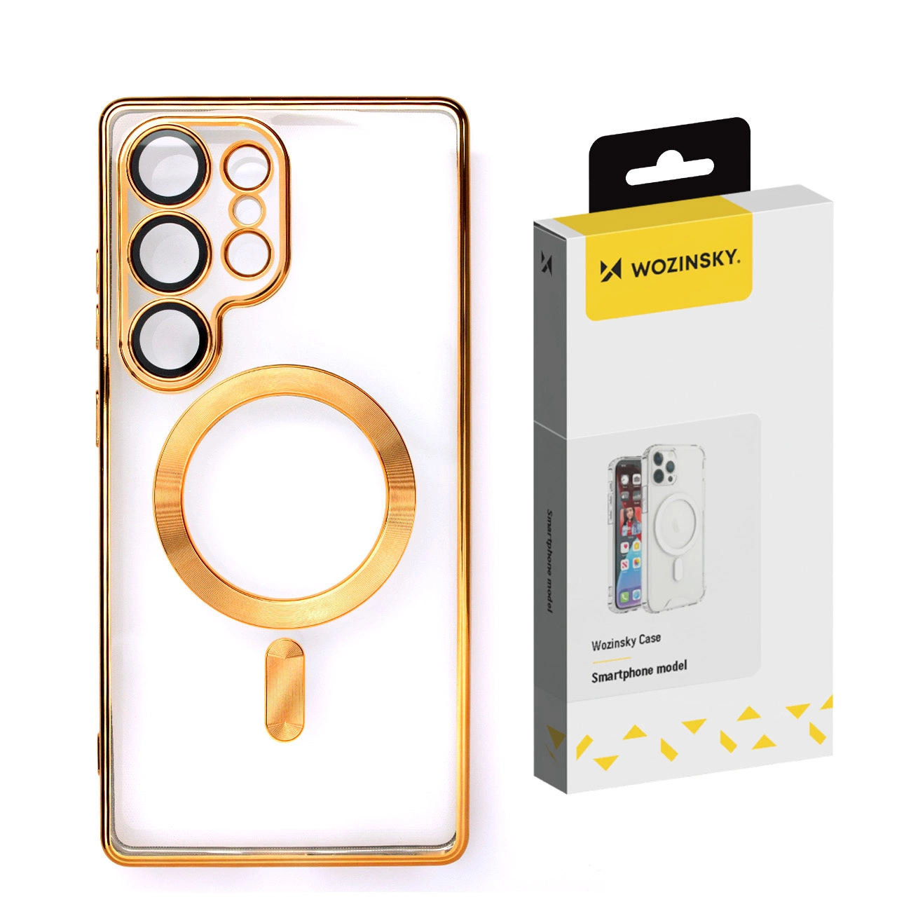 Przezroczyste etui na smartfon ze złotymi akcentami i pasującym pudełkiem. Etui ma wycięcie na aparat i magnetyczny pierścień.