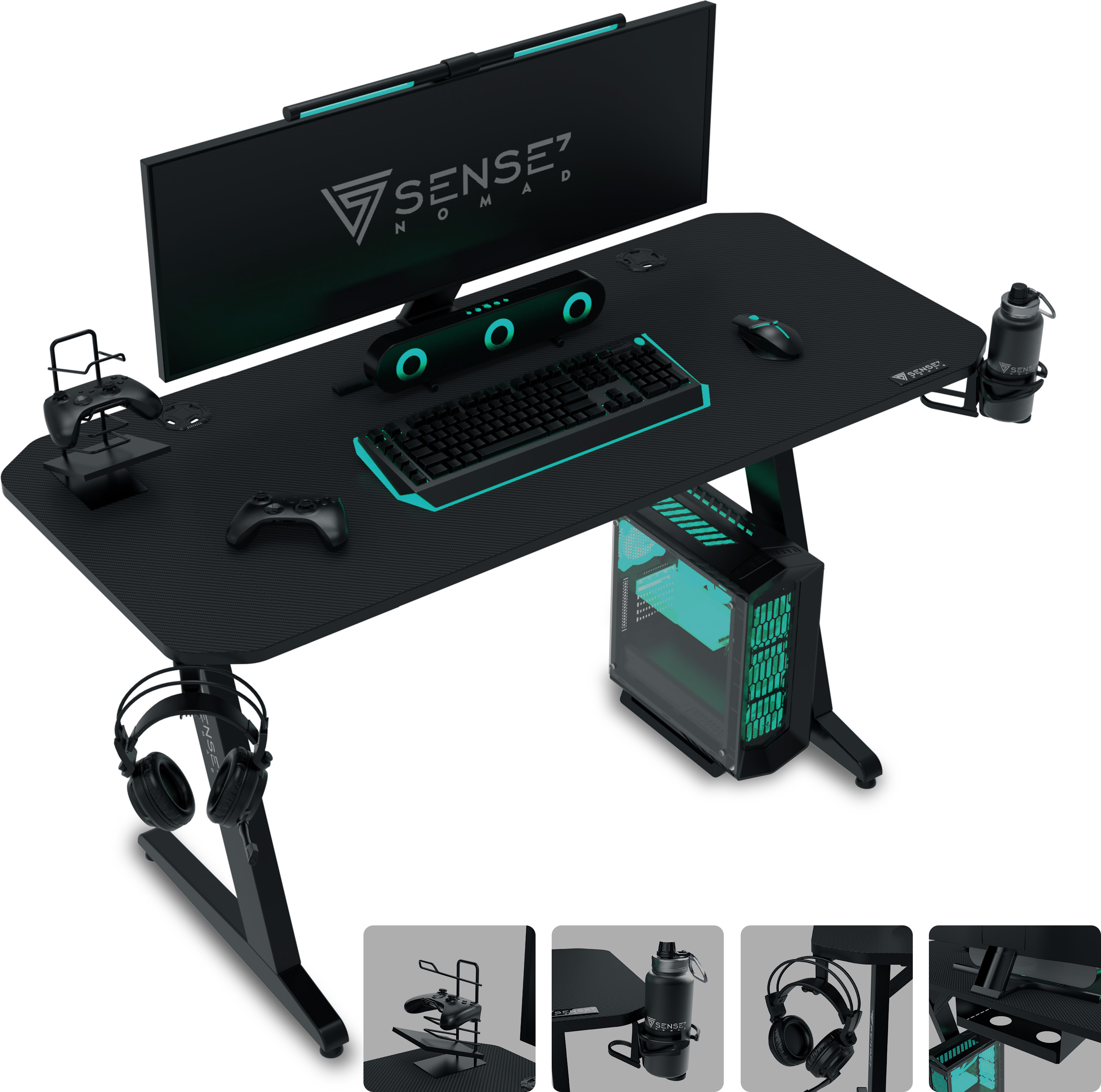 Zwarte gamingtafel met monitor, toetsenbord en pc. Inclusief controllerstandaard, headset en waterfles.