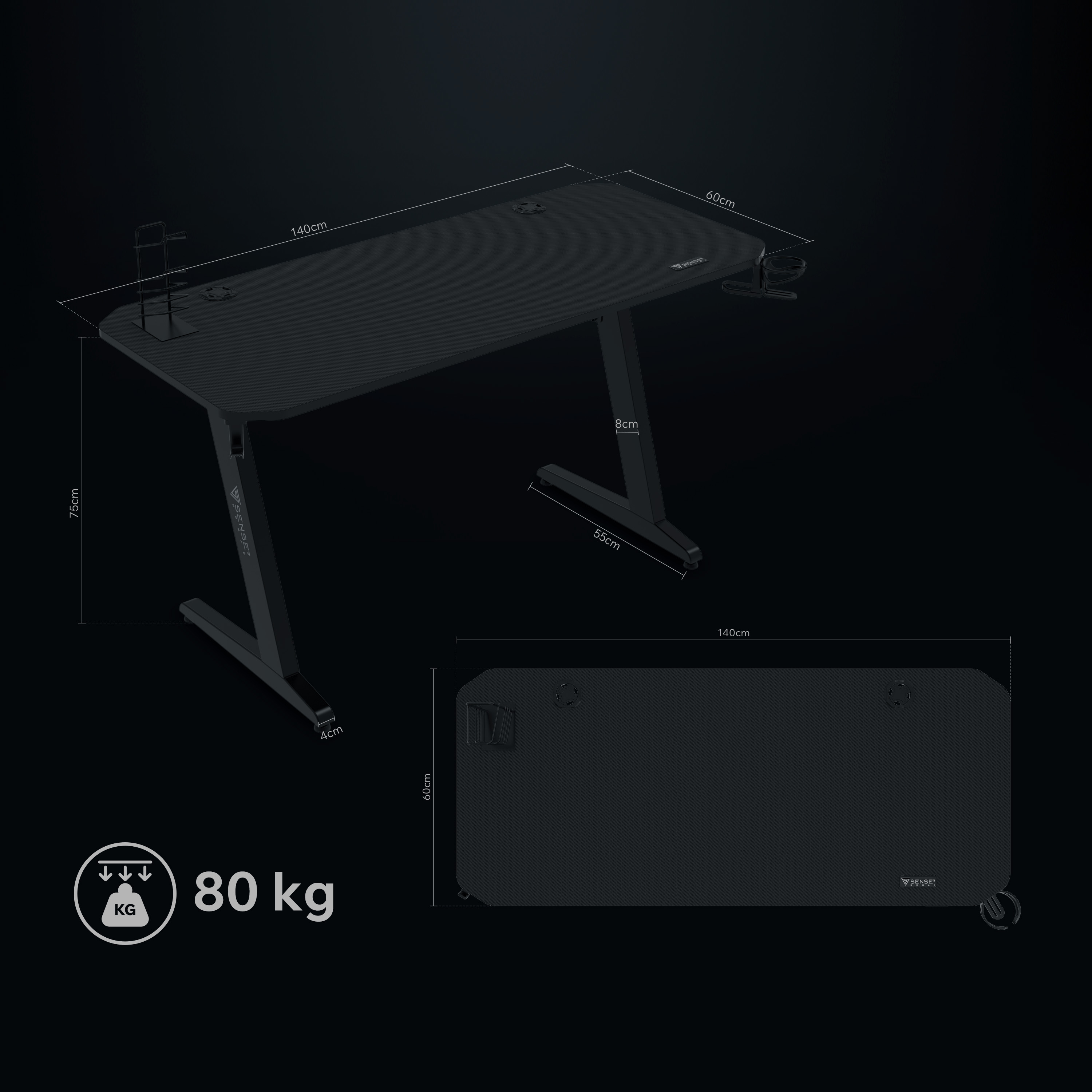 Zwarte gamingtafel met afmetingen. Inclusief bekerhouder en koptelefoonhouder. Draagvermogen 80 kg.