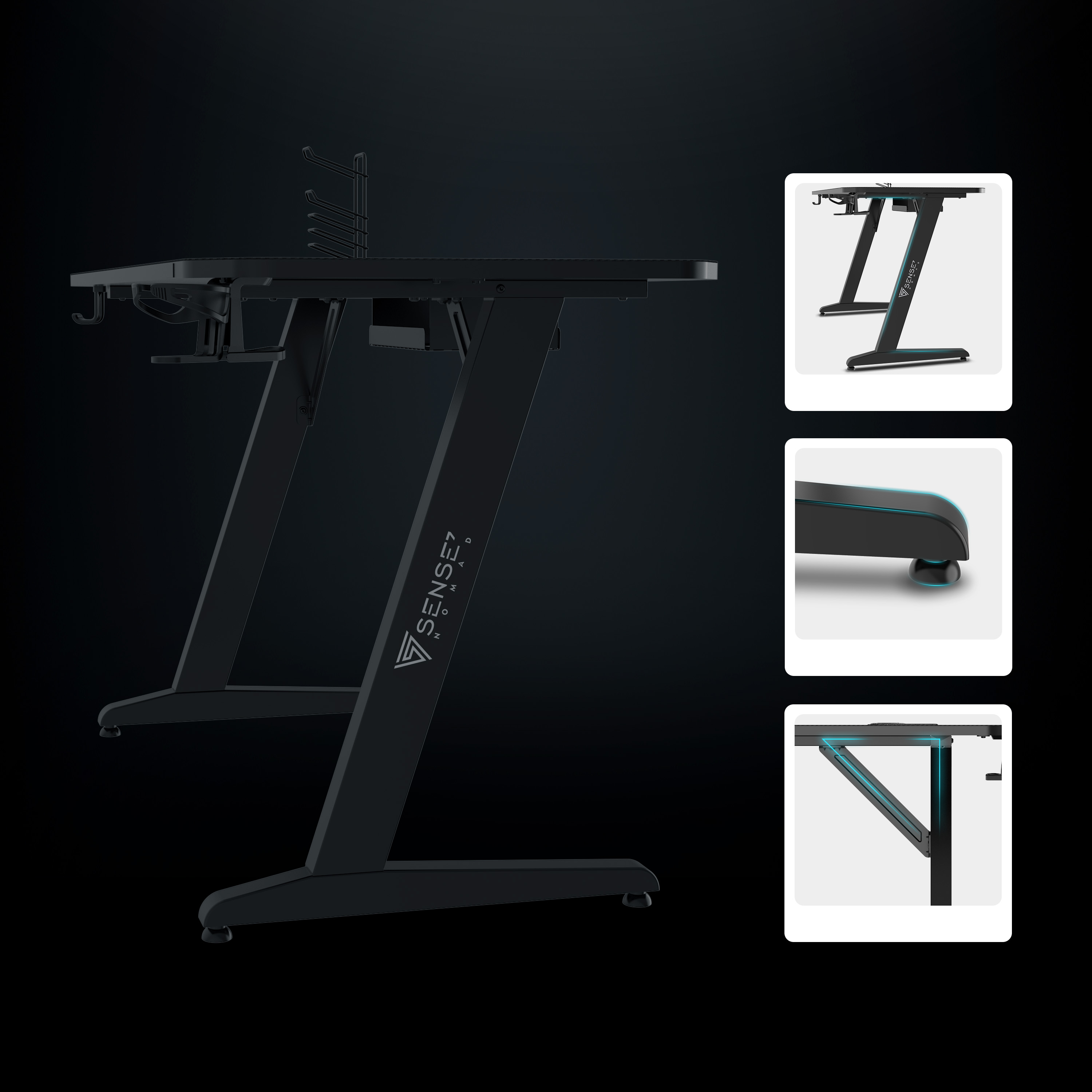 Zwart gamingbureau met Z-vormige poten, een koptelefoonhaak en monitorstandaard. Details: Sense7-logo en blauwe accenten.