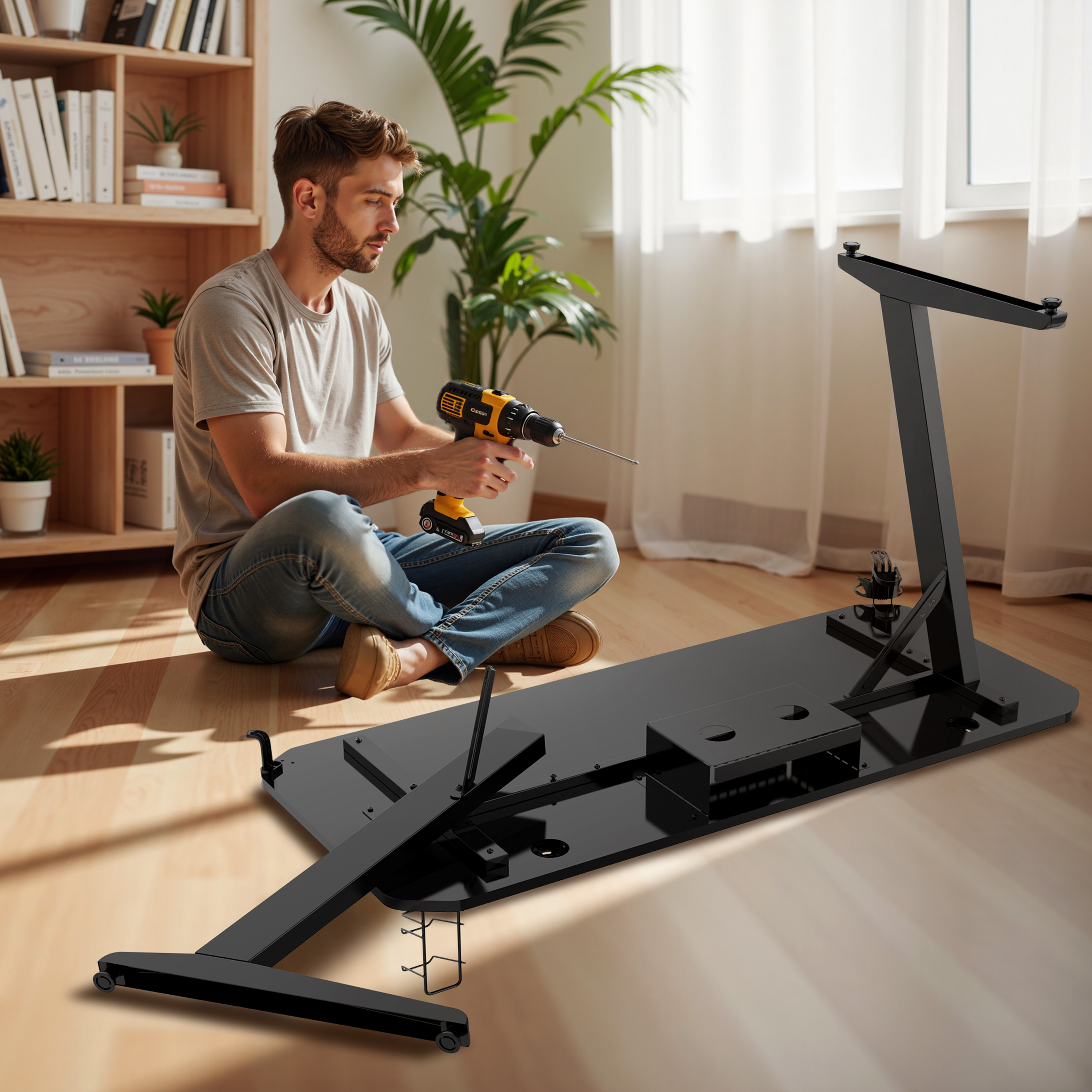 Man monteert een zwart bureau, zittend op de grond. Hij gebruikt een boor. Boekenplank en raam op de achtergrond.