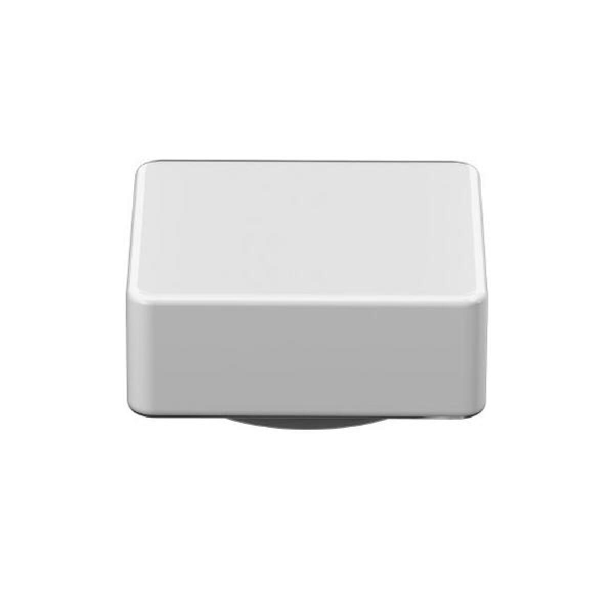 Ein weißes, rechteckiges Objekt mit abgerundeten Ecken. Es steht auf einem weißen Hintergrund. Das Objekt scheint ein Deckel oder eine Box zu sein.