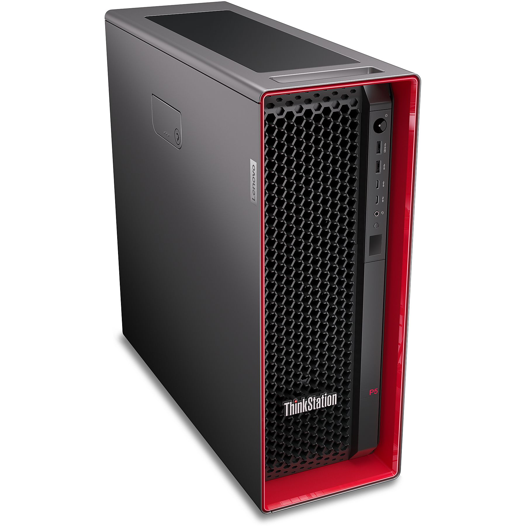 Un computer desktop Lenovo ThinkStation P5. È nero con rifiniture rosse e un pannello frontale a nido d'ape.