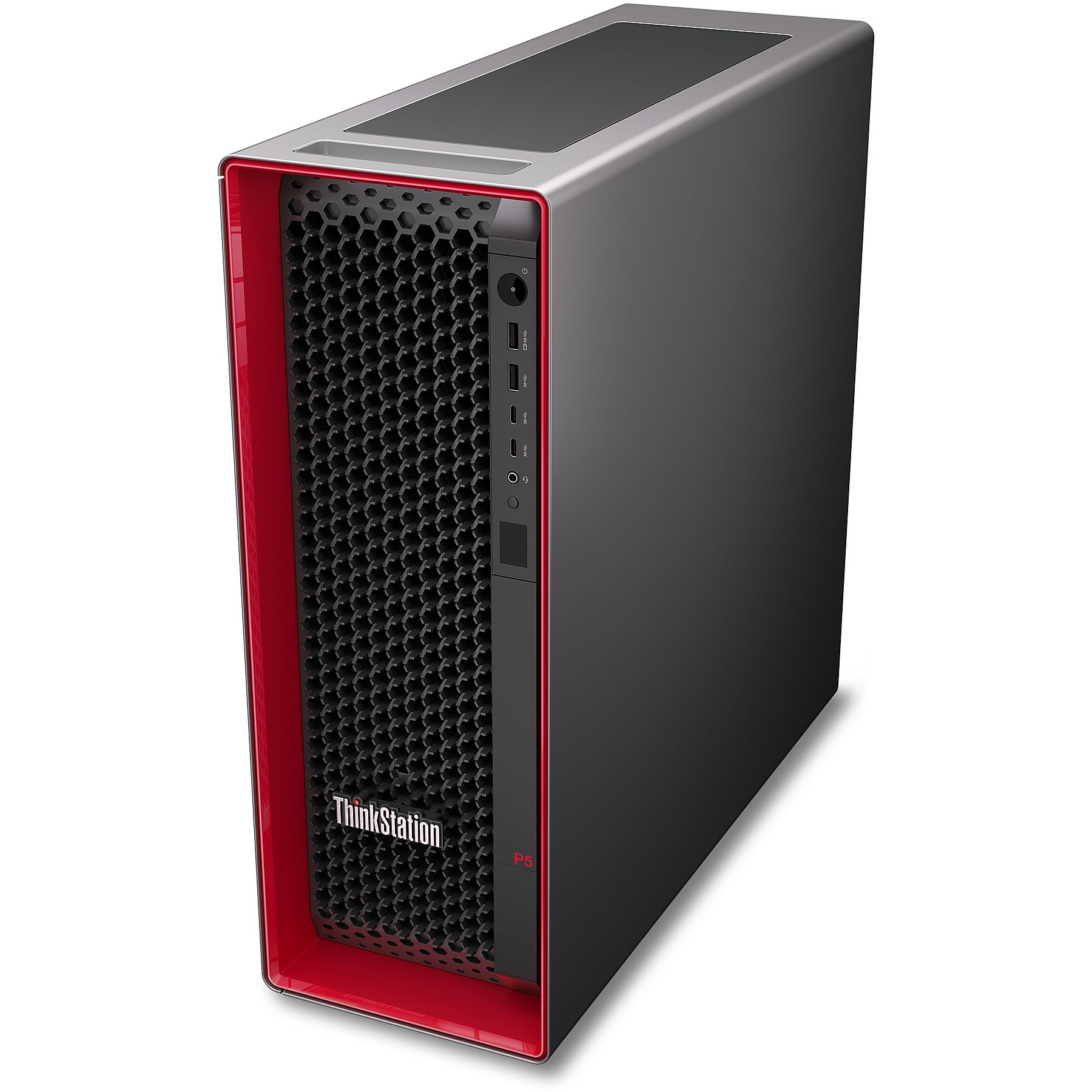 Un case per computer con corpo nero, finiture rosse e logo ThinkStation. Ha porte e prese d'aria.