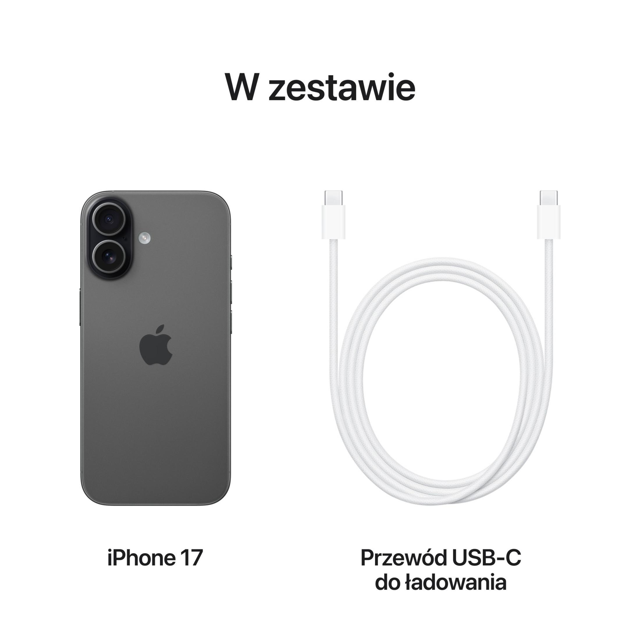 Ein dunkelgraues iPhone 17 und ein weißes USB-C-Kabel vor weißem Hintergrund.
