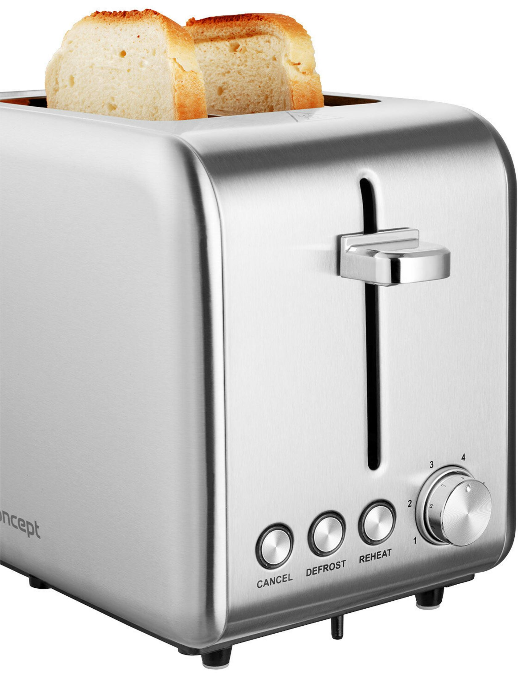 Ein Toaster aus Edelstahl mit zwei Toastscheiben. Er hat Tasten für Abbrechen, Auftauen und Aufwärmen.
