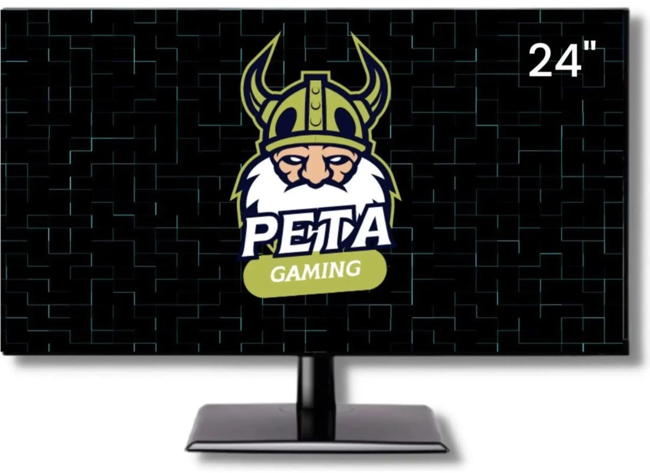 Een computermonitor met een Viking-logo. Het scherm heeft een zwarte betegelde achtergrond met een logo en de tekst "24".