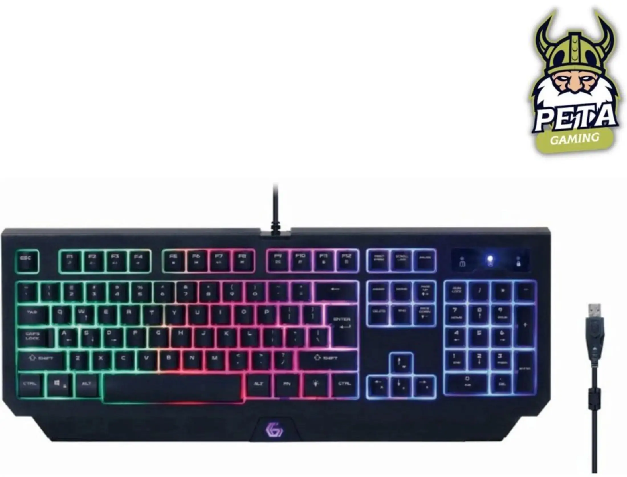 Zwart gamingtoetsenbord met RGB-verlichting. Een USB-kabel verbindt het. Een logo van een viking staat rechtsboven.