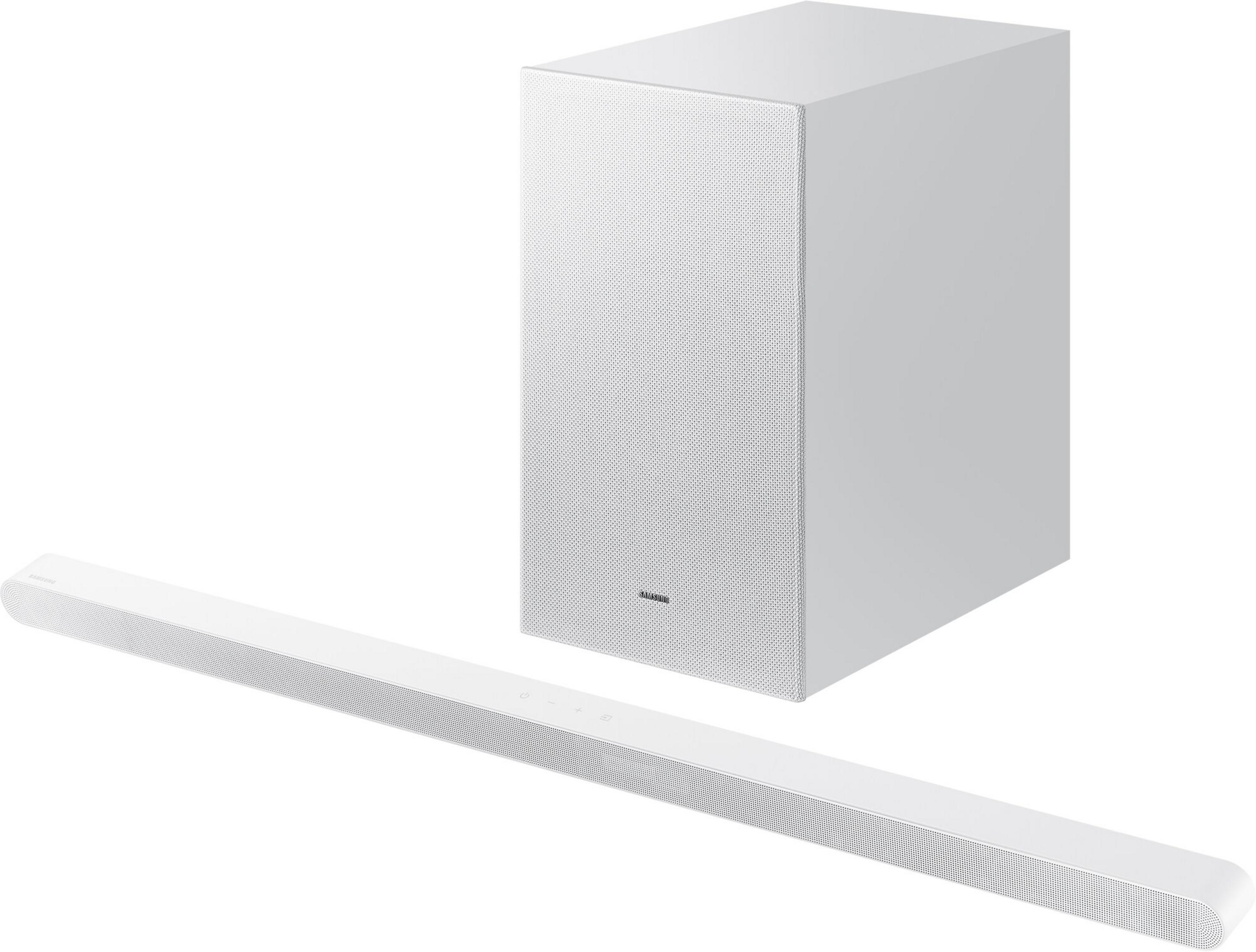 Barre de son blanche, caisson de basses. Marque Samsung. Barre de son horizontale, caisson rectangulaire vertical.