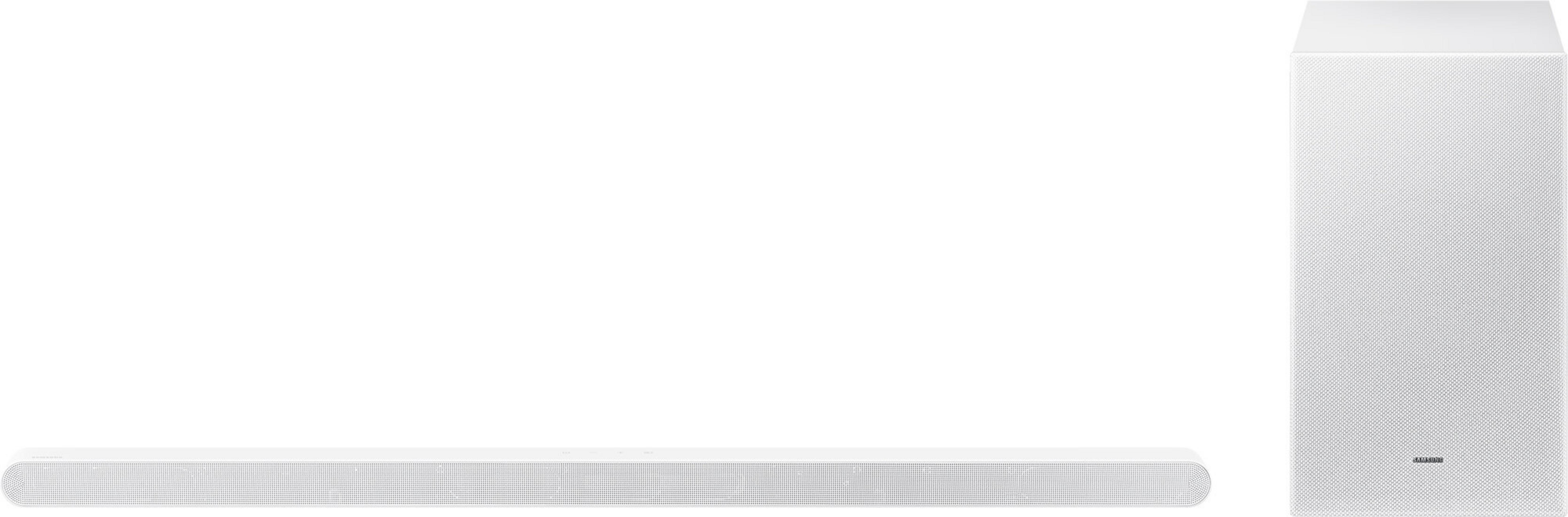 Barre de son et caisson de basses Samsung blancs. La barre de son est longue et rectangulaire. Le caisson est une tour haute et blanche.