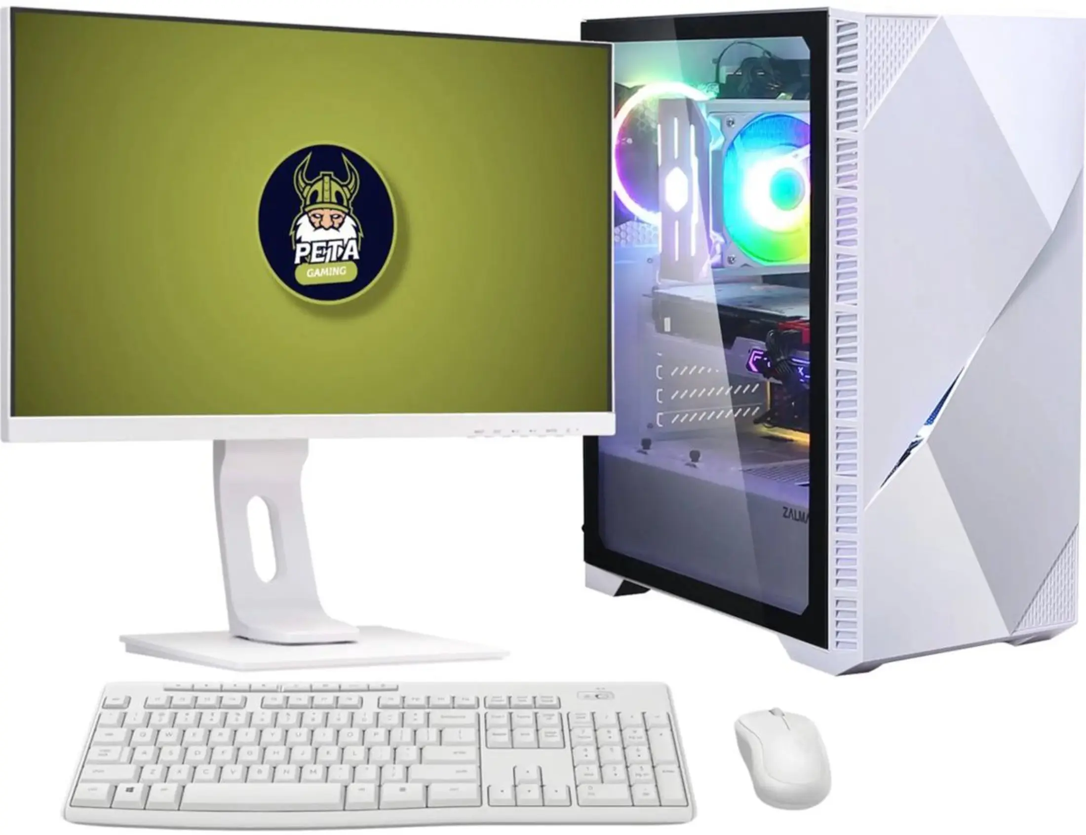 Een computeropstelling met een monitor, wit toetsenbord, muis en een witte computertoren met RGB-verlichting.
