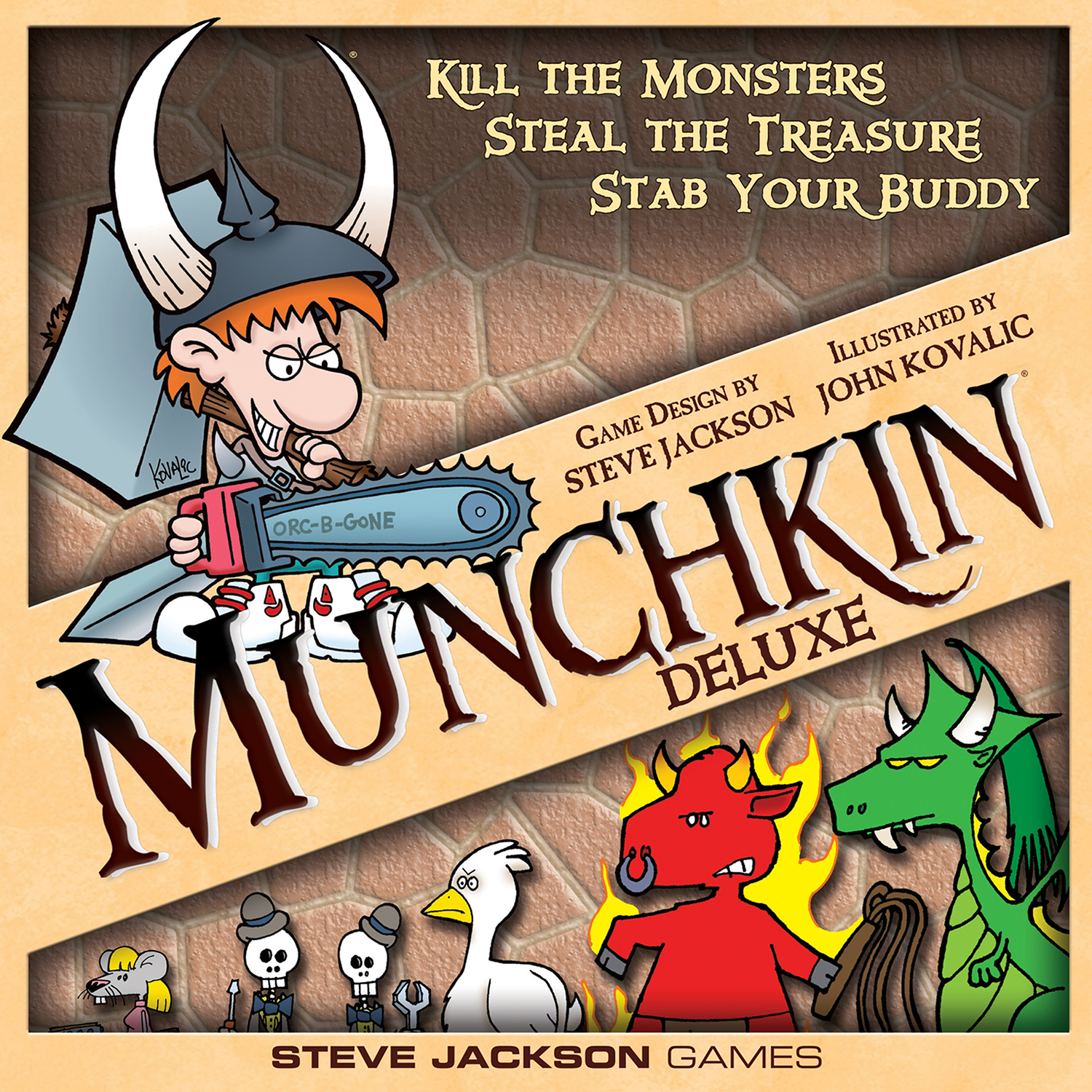Die Munchkin Deluxe-Spielbox zeigt einen Comic-Wikinger mit einer Kettensäge, einem roten Stier, einem grünen Drachen und anderen Figuren.