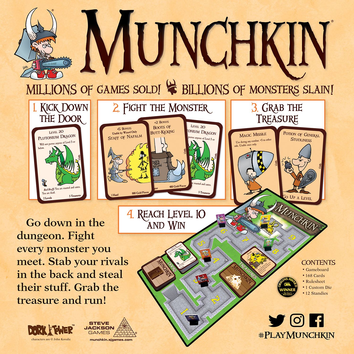 Munchkin-Brettspiel mit Karten, Spielbrett und einem Cartoon-Wikinger-Charakter mit einer Kettensäge.