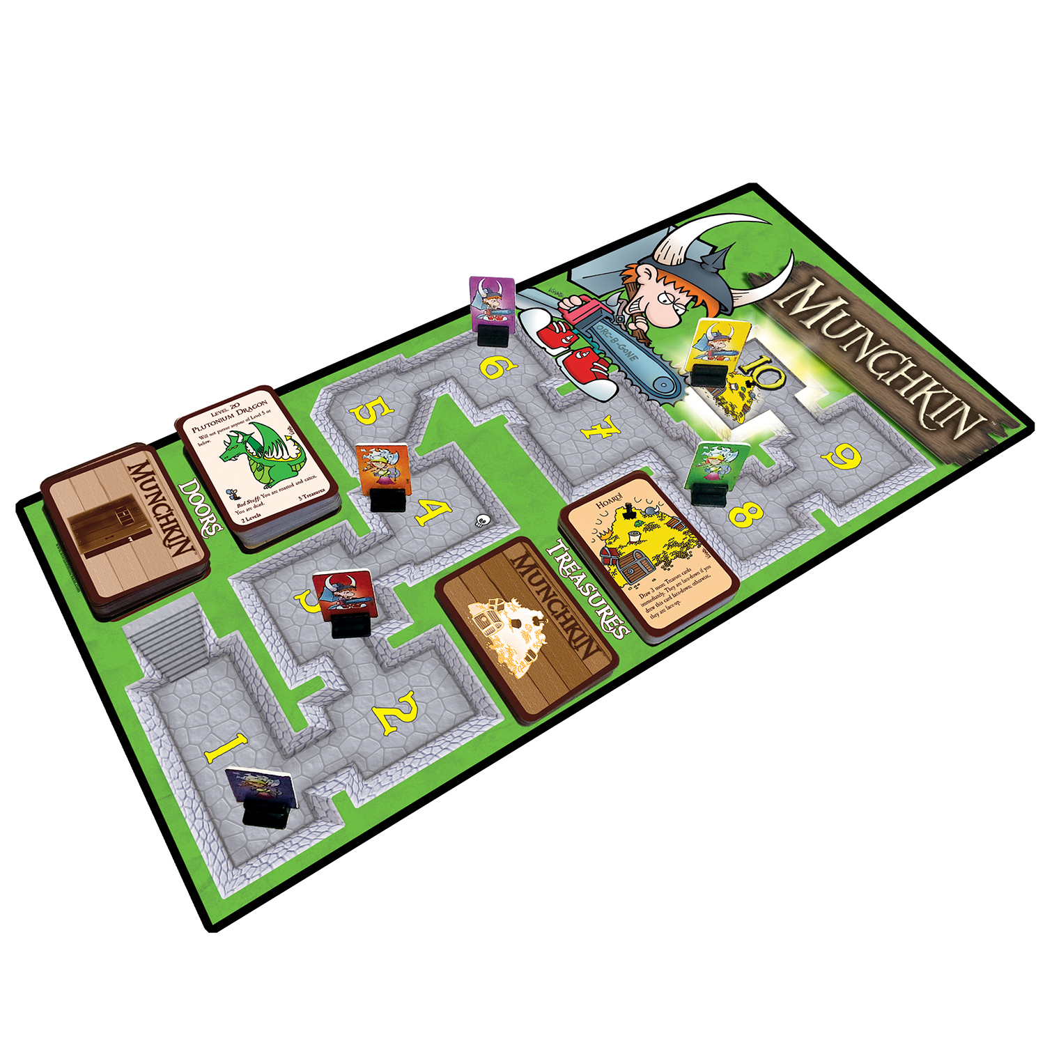 Munchkin-Brettspiel. Karten und Spielsteine auf einem grün-grauen Spielbrett. Enthält eine Zeichentrickfigur mit einer Kettensäge.