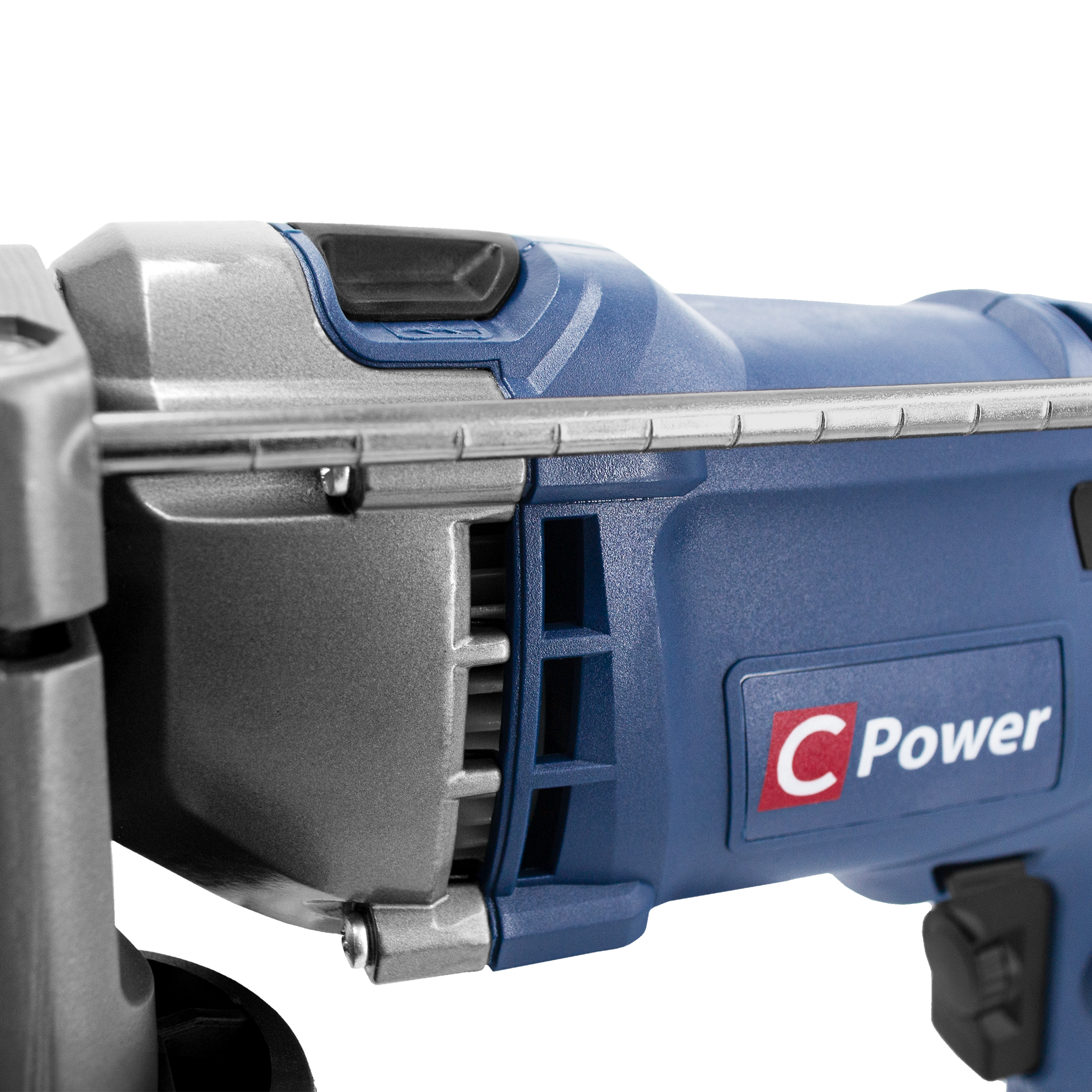Zbliżenie niebiesko-szarego elektronarzędzia. Narzędzie ma logo "C Power".