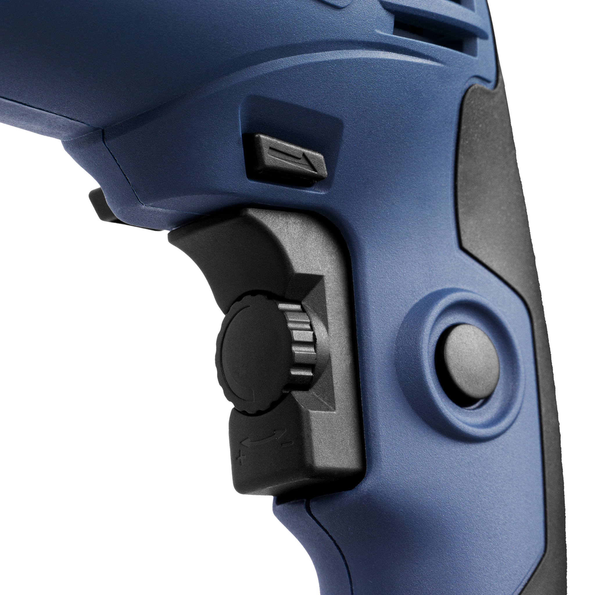 Zbliżenie niebiesko-czarnego elektronarzędzia. Posiada pokrętło, przycisk i przełącznik.