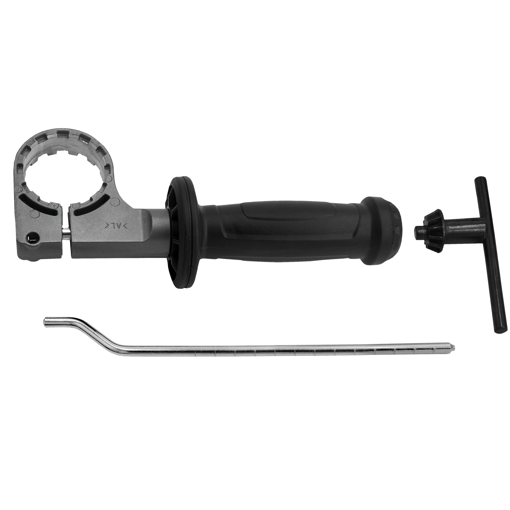 Zestaw narzędzi, w tym klucz, uchwyt, uchwyt T i zakrzywiony metalowy pręt, wszystko na białym tle.