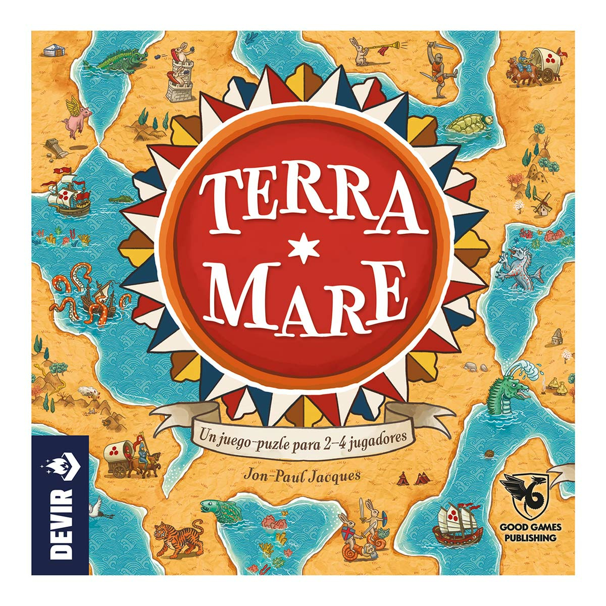Pudełko gry planszowej zatytułowane "Terra Mare". Projekt mapy, różne ilustracje statków, stworzeń morskich i ludzi. Gra dla 2-4 graczy.