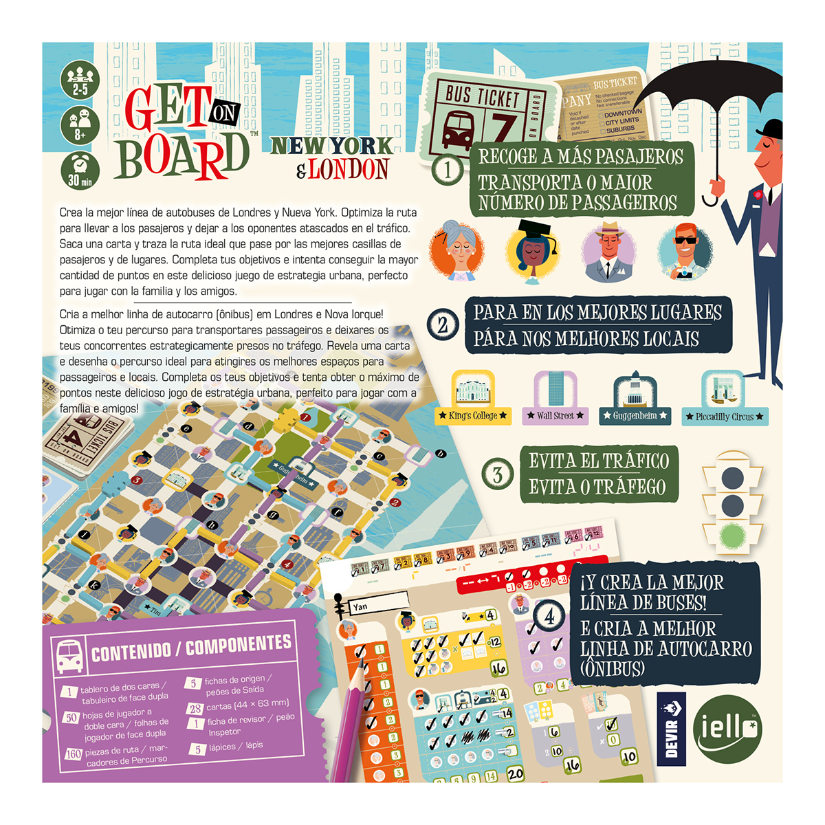 Brettspielbox, Thema New York & London. Enthält Spielbrett, Bustickets und Charakterkarten. Strategiespiel.
