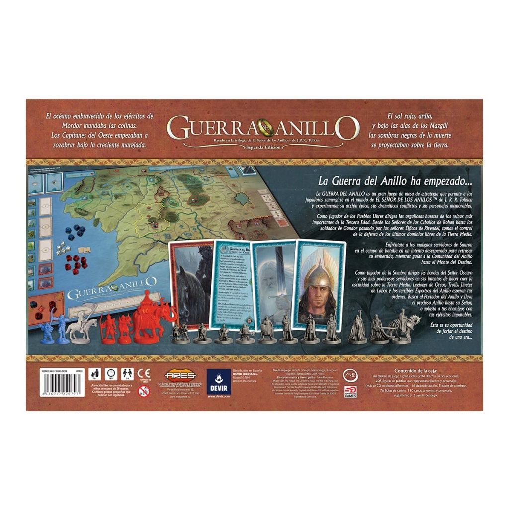 Caja de juego de mesa 'Guerra del Anillo'. Incluye figuras, mapa y texto con temática fantástica.