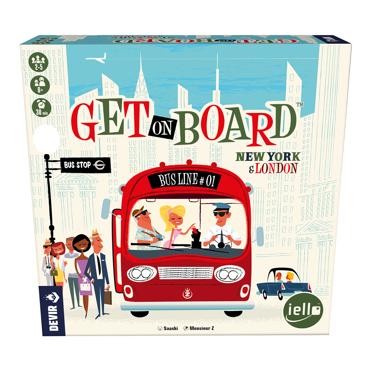Spielbox mit rotem Bus, New York- und London-Thema, Personen und den Worten 'GET ON BOARD'.