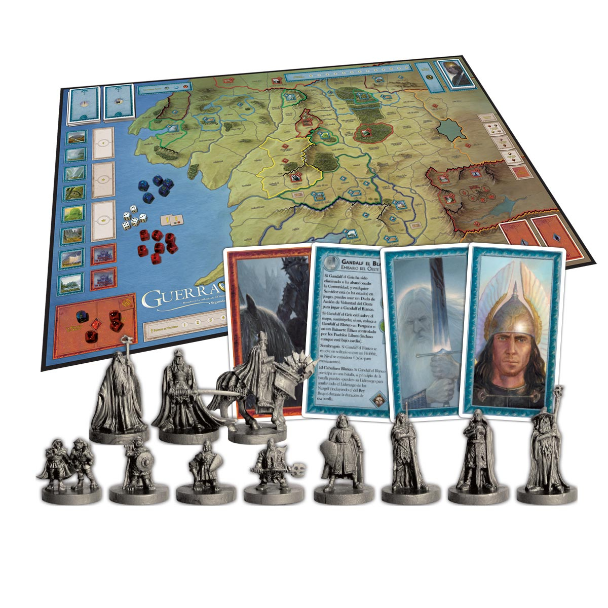 Juego de mesa con figuras, cartas y dados. El tablero muestra un mapa. Las figuras son plateadas. Las cartas tienen retratos de personajes.