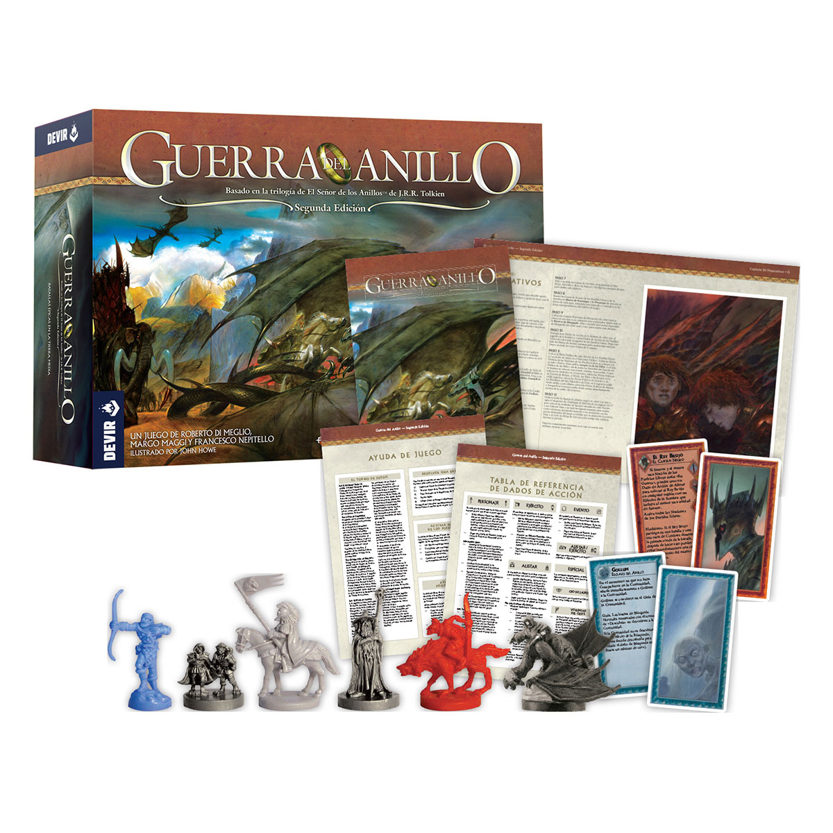 Se muestran una caja de juego de mesa, cartas y piezas del juego. La caja dice 'Guerra Del Anillo' con figuras y un dragón.